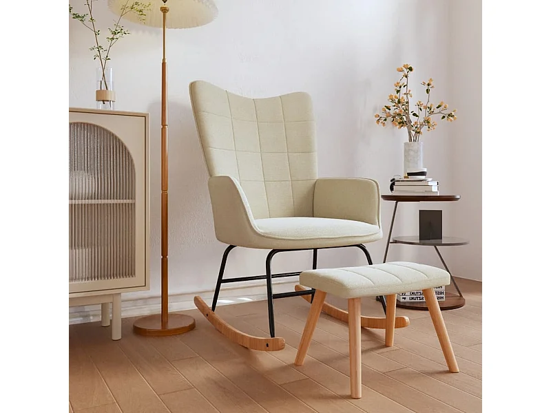 Silla mecedora con reposapiés tela color crema ES38436