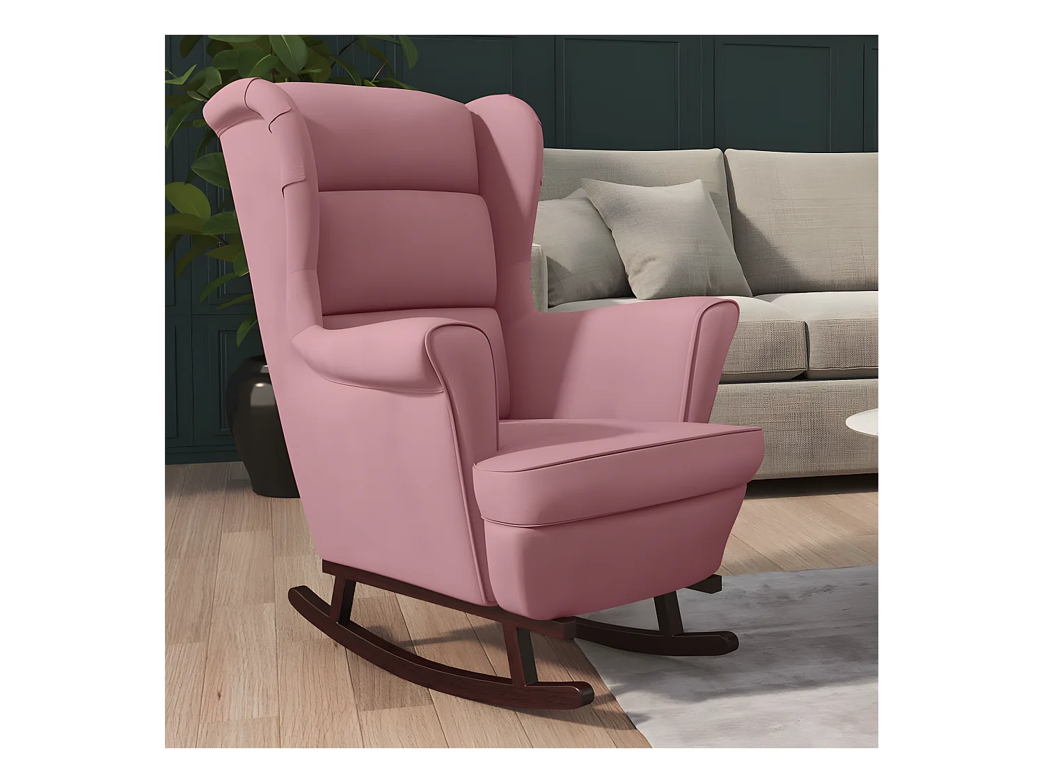Fauteuil à bascule et pieds en bois massif d'hévéa Rose Velours BE4329