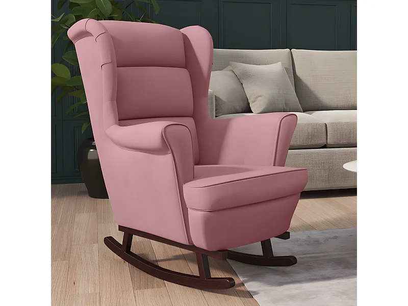 Fauteuil à bascule et pieds en bois massif d'hévéa Rose Velours BE4329