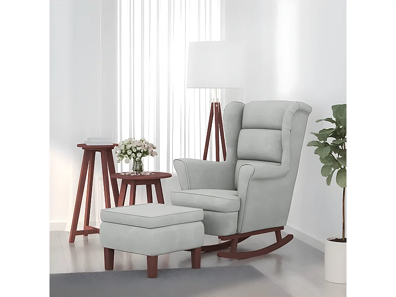 Fauteuil à bascule avec pieds en bois et tabouret gris clair BE3980