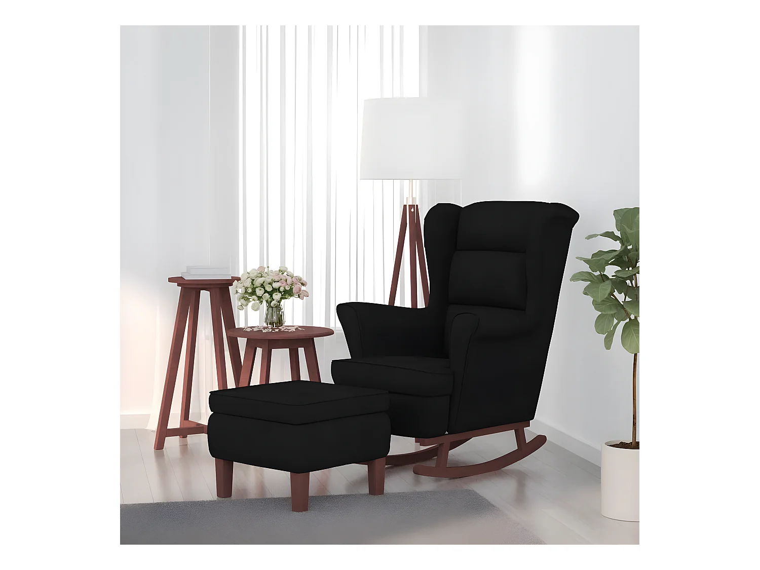 Fauteuil à bascule avec pieds en bois et tabouret Noir Velours BE5101