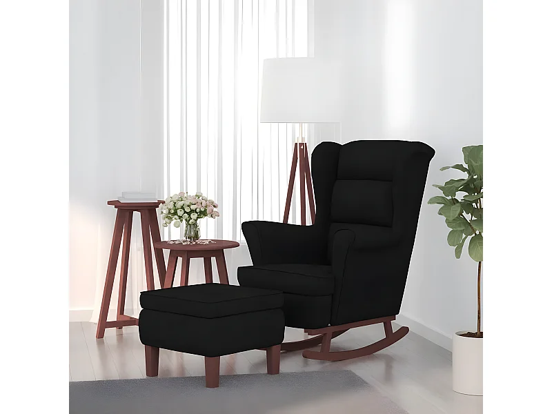Fauteuil à bascule avec pieds en bois et tabouret Noir Velours BE5101