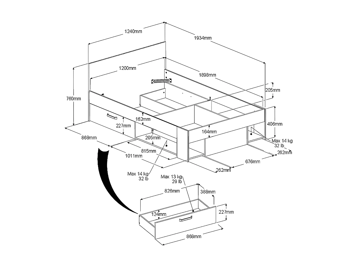 Bett mit Stauraum + Lattenrost - 120 x 190/200 cm - Weiß & Holzfarben - KINSELIA