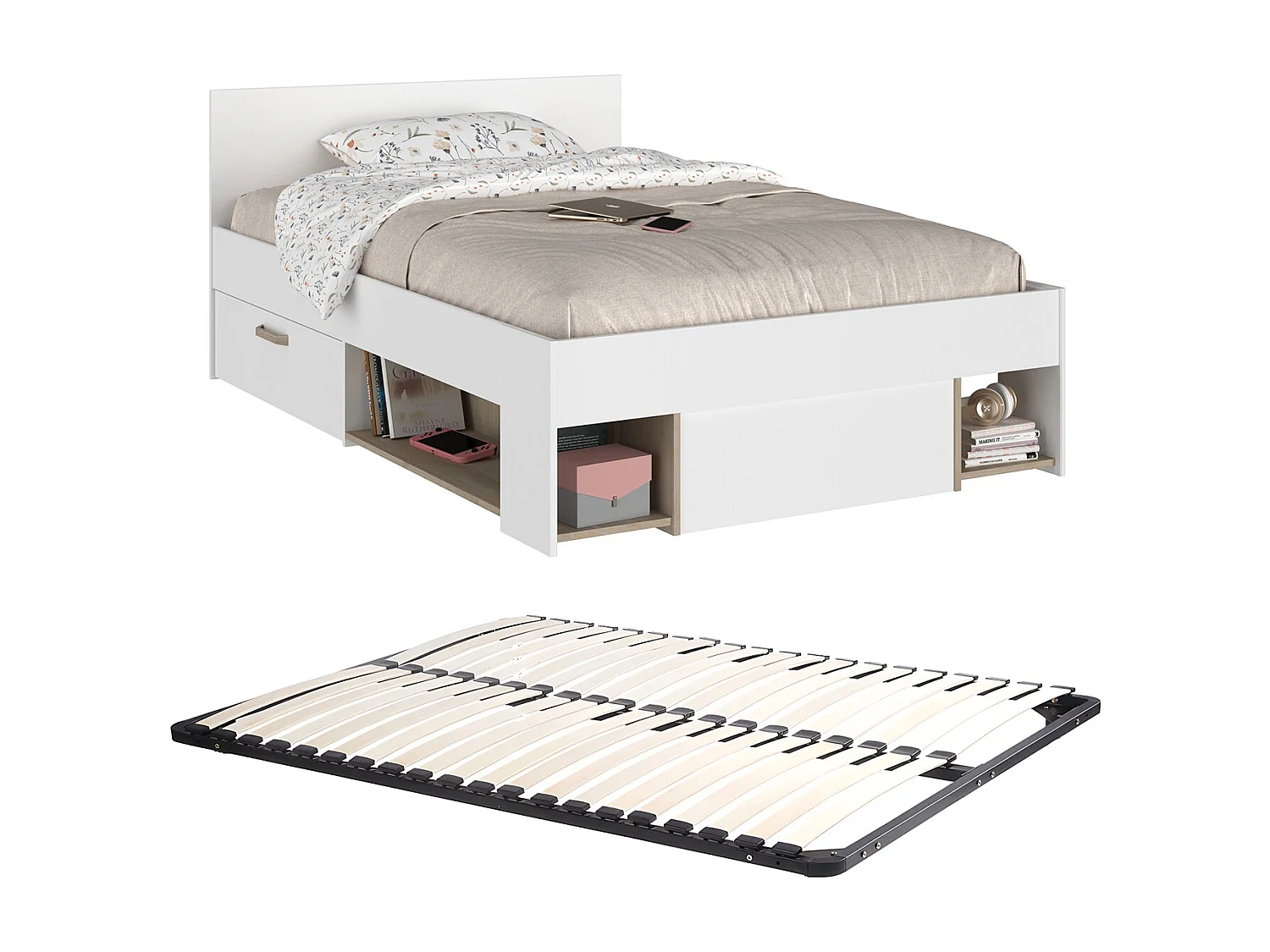 Bed met opbergruimte – 120 x 190 cm – Wit en houtlook – Met bedbodem – KINSELIA