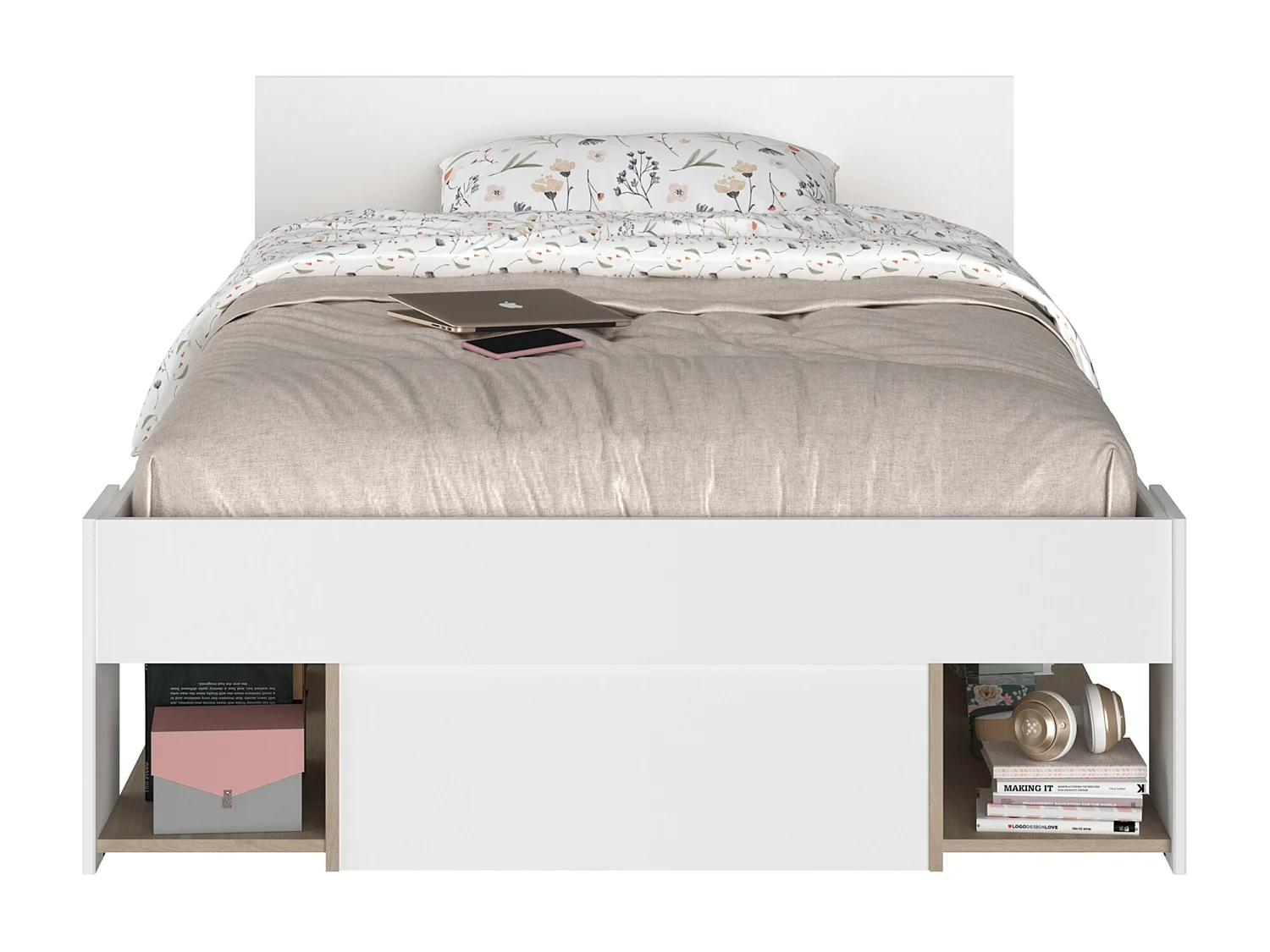 Bed met opbergruimte – 120 x 190 cm – Wit en houtlook – Met bedbodem – KINSELIA