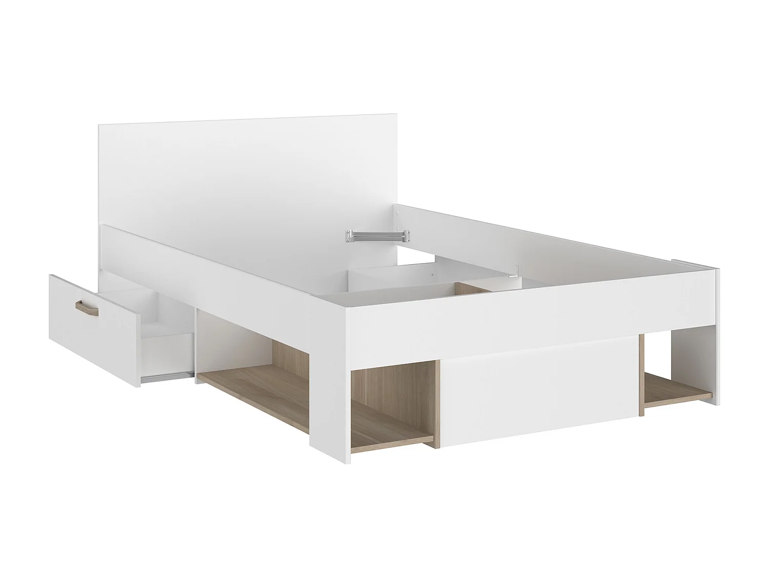 Bett mit Stauraum + Lattenrost + Matratze - 120 x 190/200 cm - Weiß & Holzfarben - KINSELIA