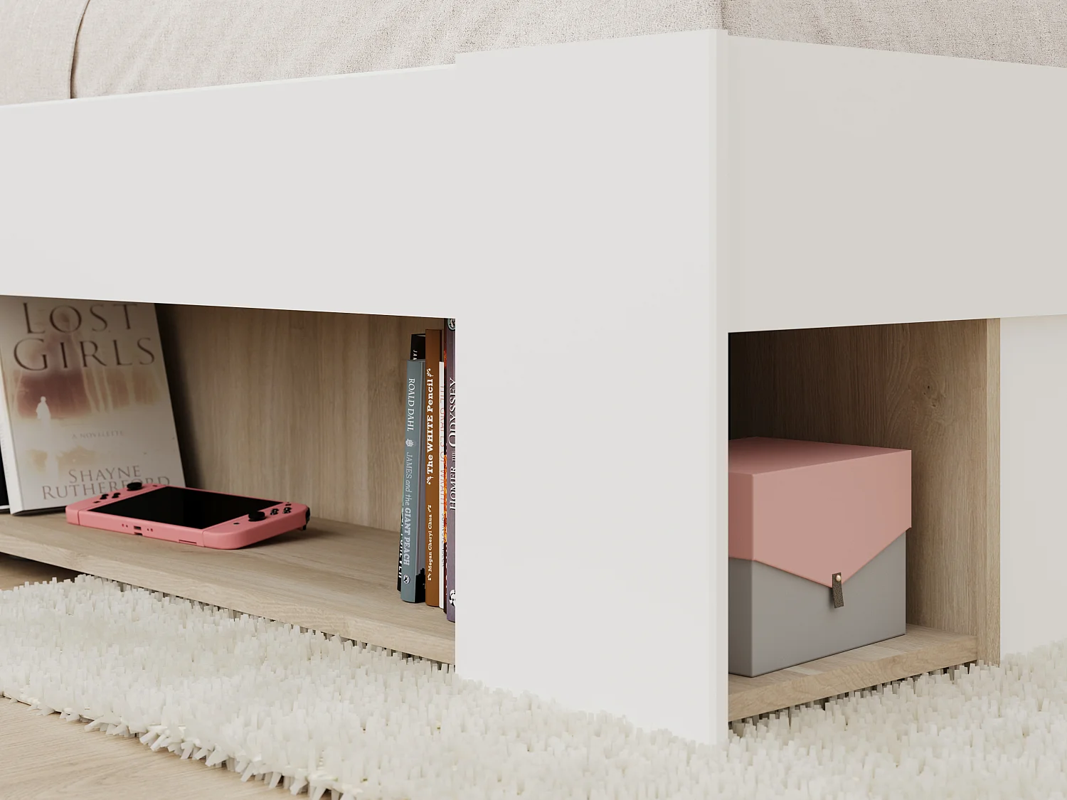 Bett mit Stauraum + Lattenrost + Matratze - 120 x 190/200 cm - Weiß & Holzfarben - KINSELIA