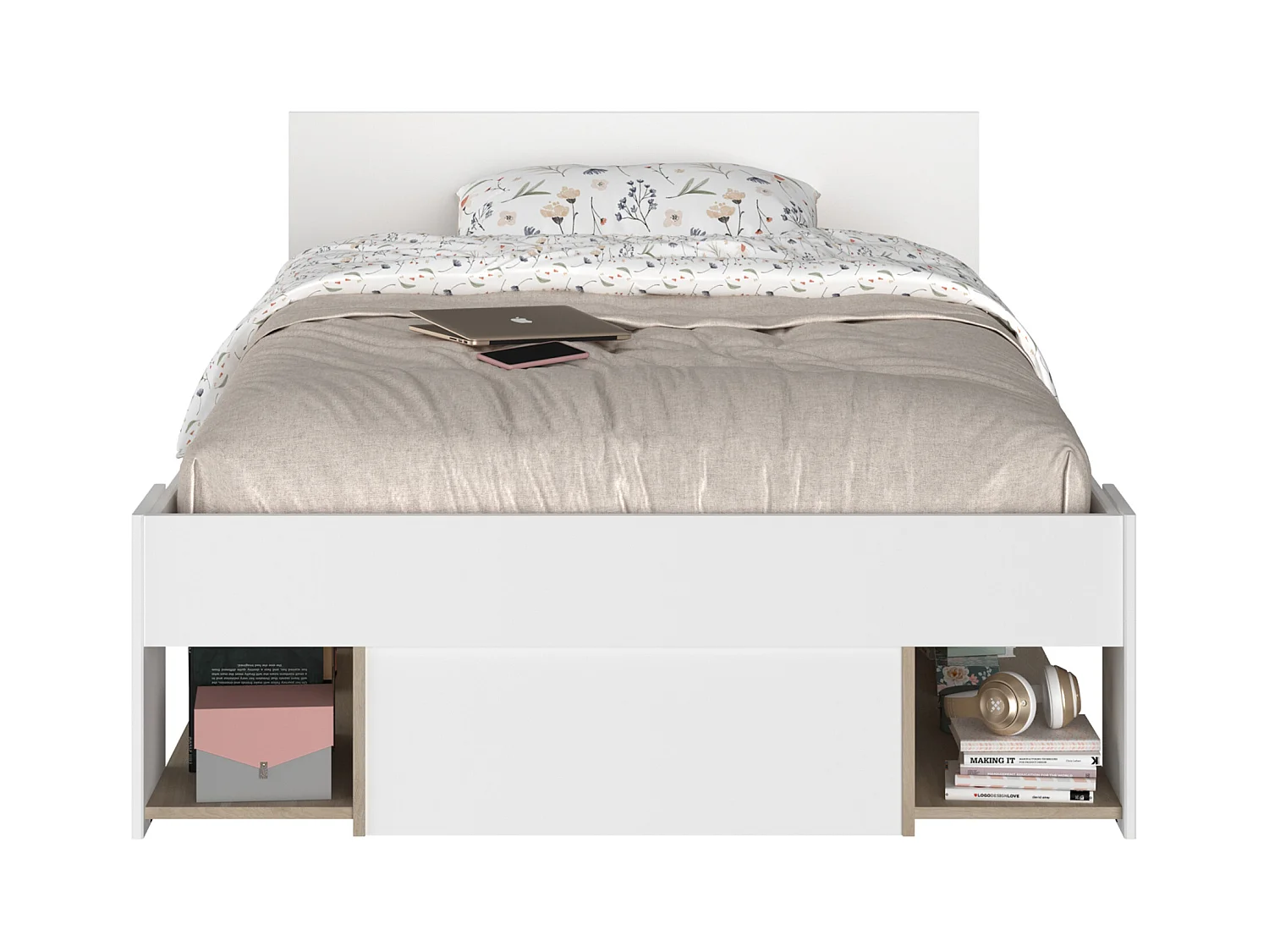 Lit 120 x 190/200 cm avec rangements - Blanc et naturel + Sommier + Matelas - KINSELIA