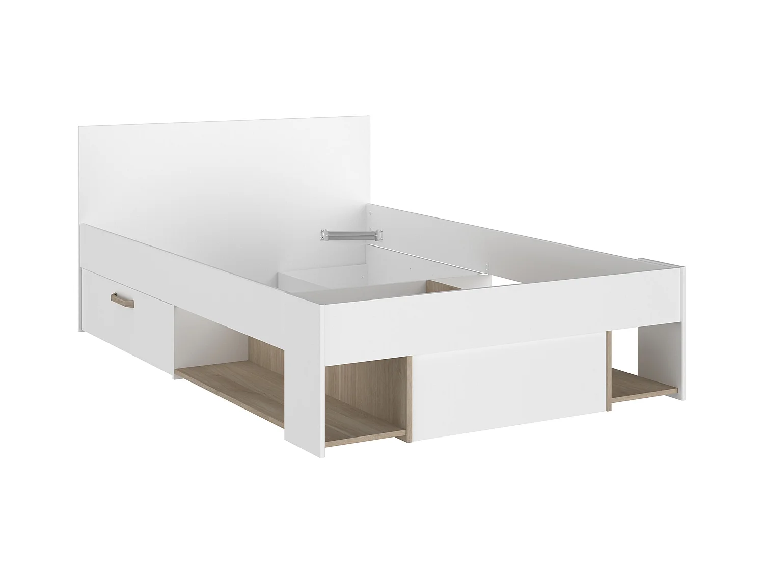 Lit 120 x 190/200 cm avec rangements - Blanc et naturel + Sommier + Matelas - KINSELIA