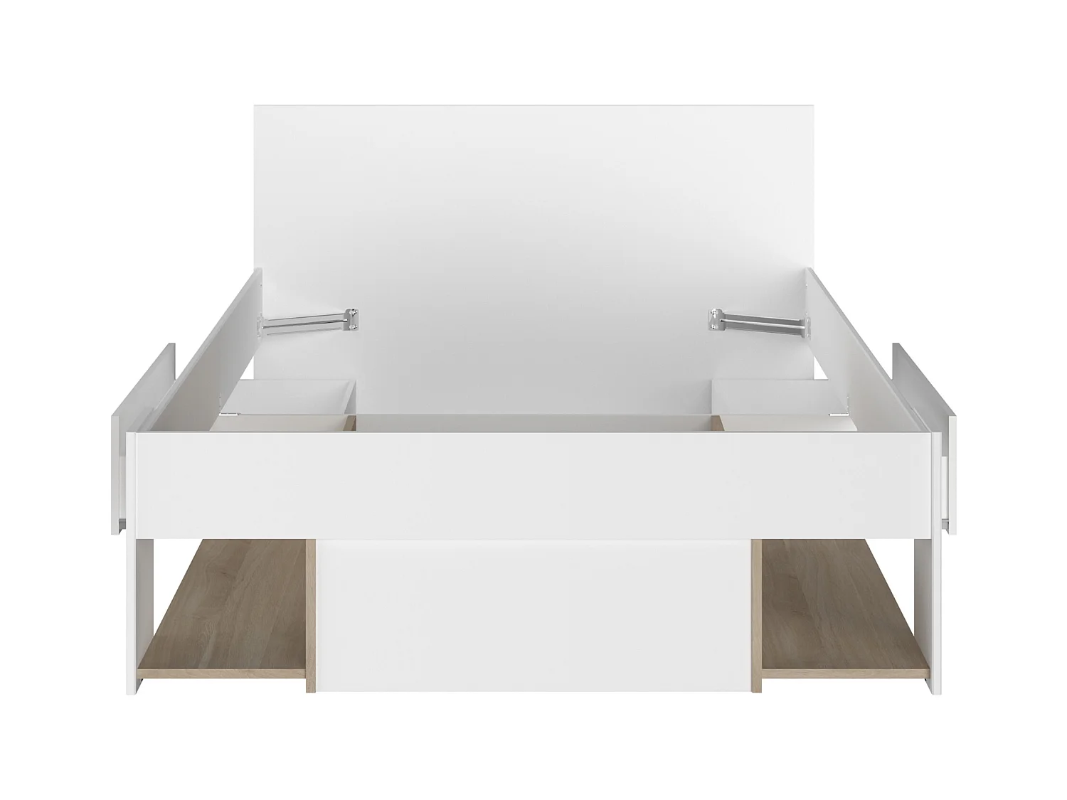 Lit 120 x 190/200 cm avec rangements - Blanc et naturel + Sommier + Matelas - KINSELIA