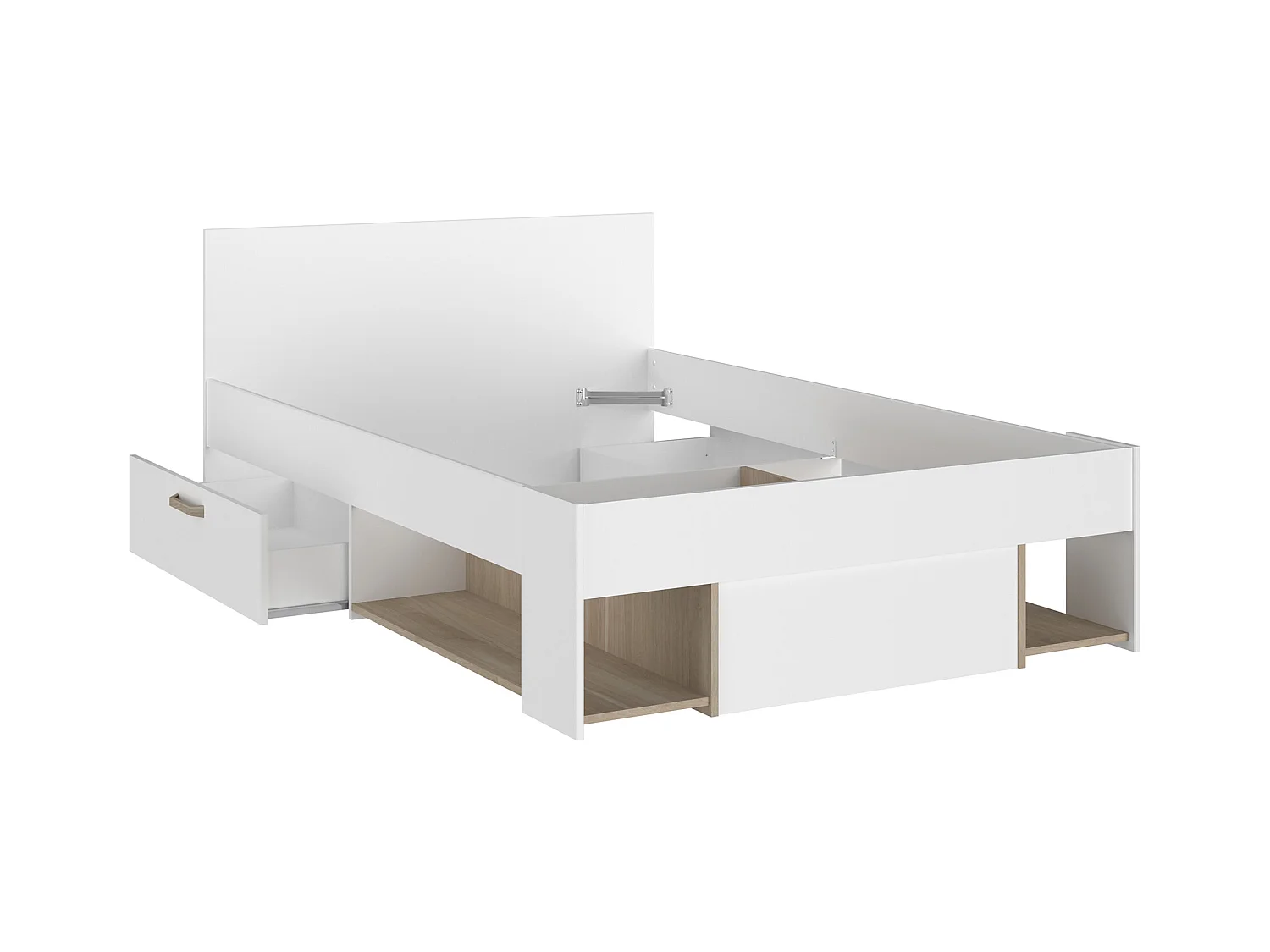 Lit 120 x 190/200 cm avec rangements - Blanc et naturel + Sommier + Matelas - KINSELIA