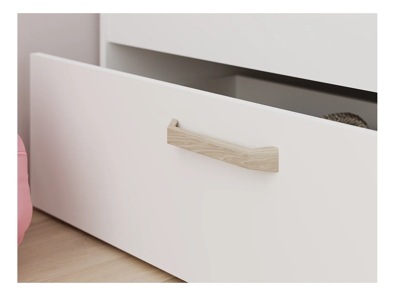 Lit 120 x 190/200 cm avec rangements - Blanc et naturel + Sommier + Matelas - KINSELIA