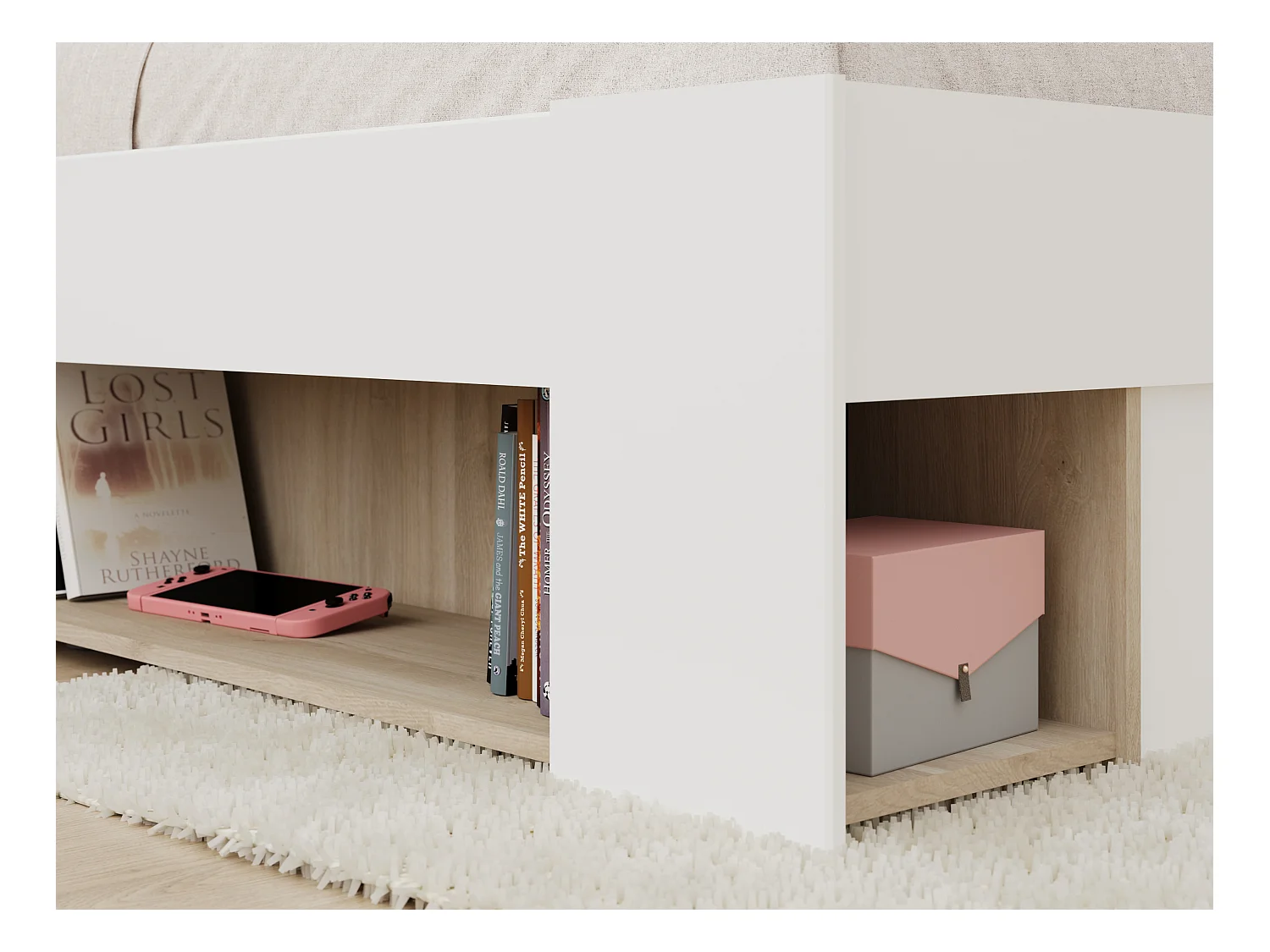 Lit 120 x 190/200 cm avec rangements - Blanc et naturel + Sommier + Matelas - KINSELIA
