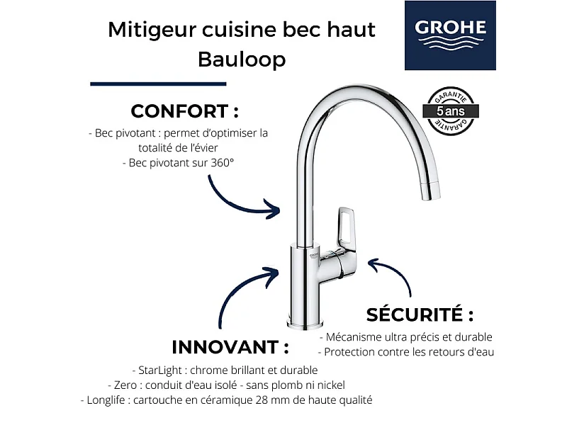 Einhebel-Spültischbatterie BauLoop 31368001 - Hoher Schwenkauslauf - Chrom GROHE