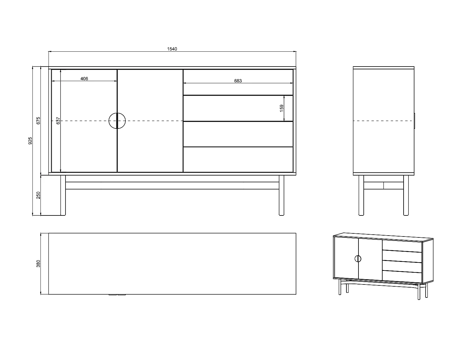 Dressoir met twee deuren - 154 cm - met laden - steengrijs - STOON