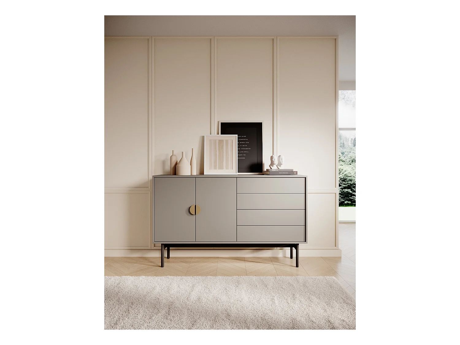 Buffet à deux portes - 154 cm - avec tiroirs - gris pierre - STOON