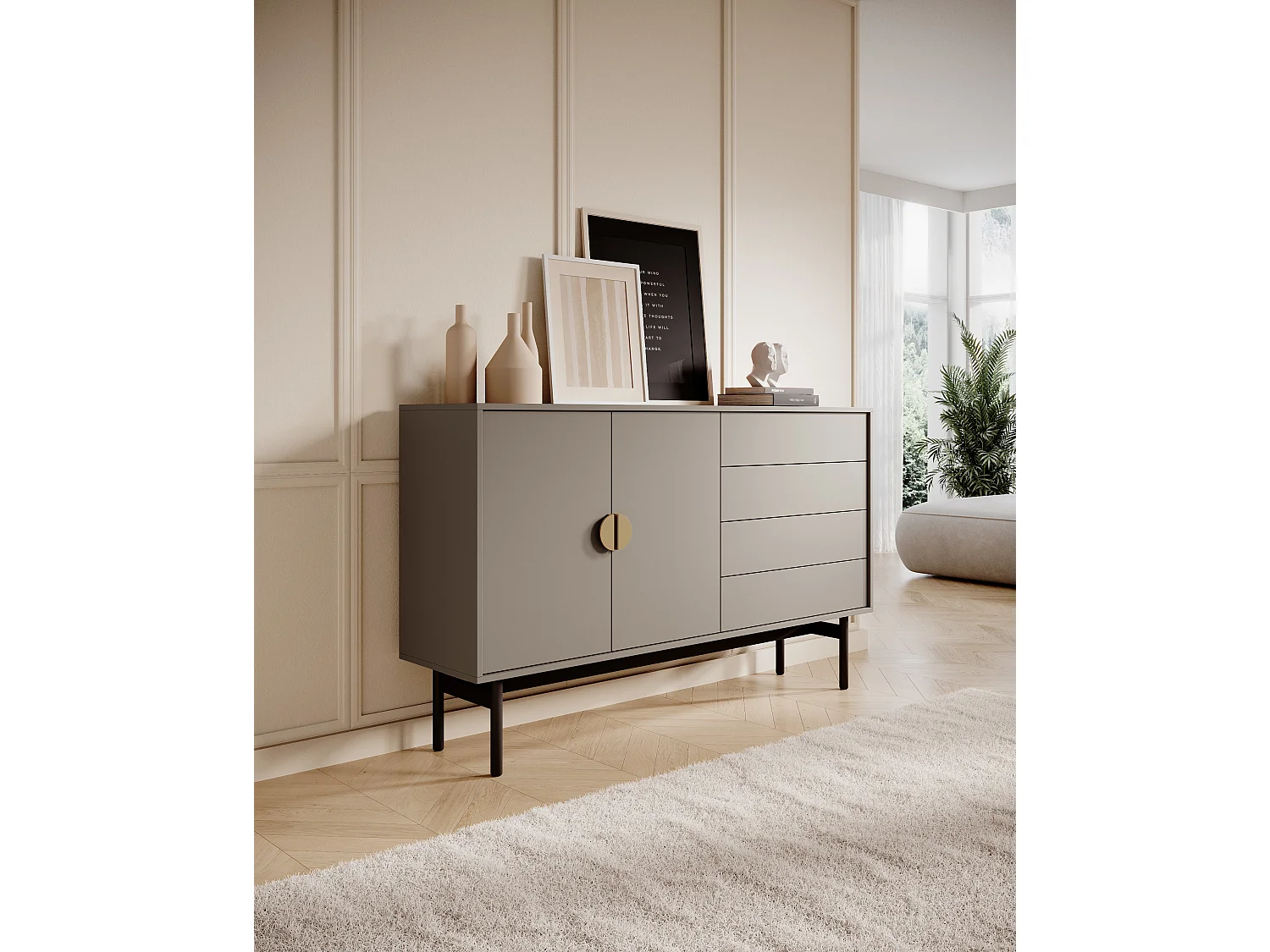 Sideboard mit zwei Türen - 154 cm - mit Schubladen - Steingrau - STOON