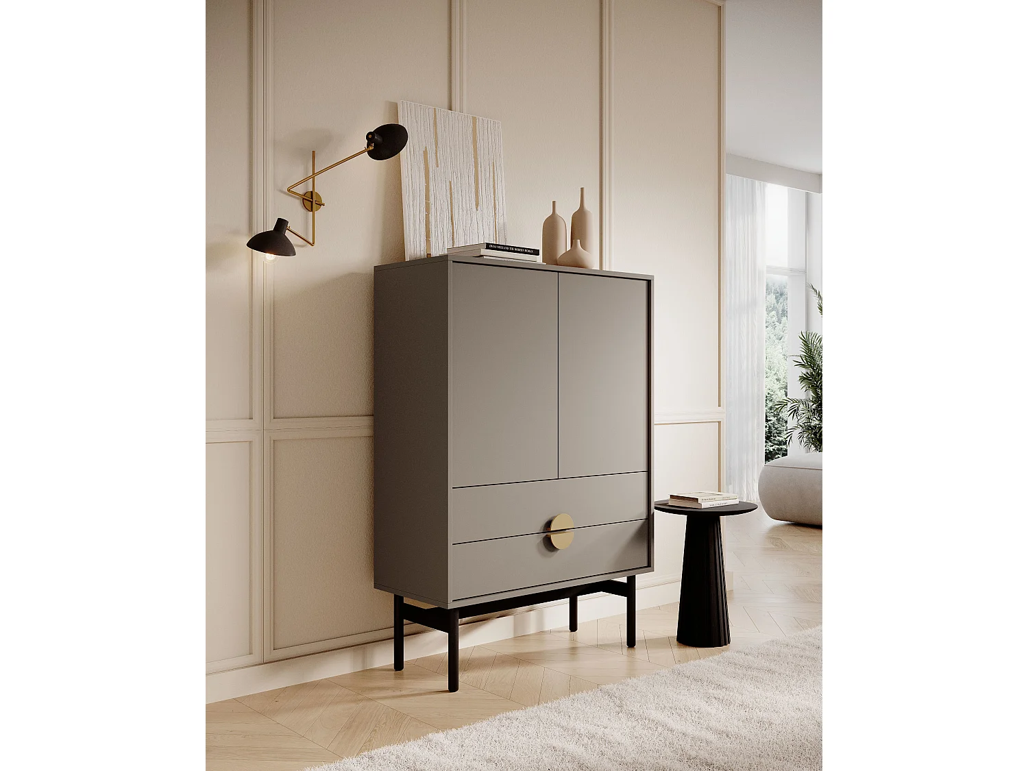 Hoog dressoir - 85 cm - met twee lades - steengrijs - STOON