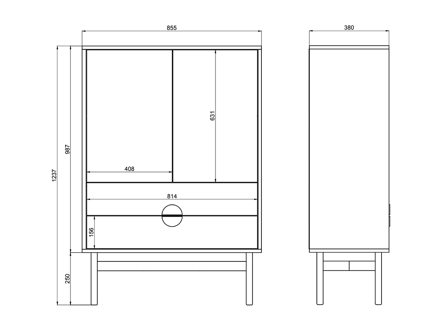 Hoog dressoir - 85 cm - met twee lades - steengrijs - STOON