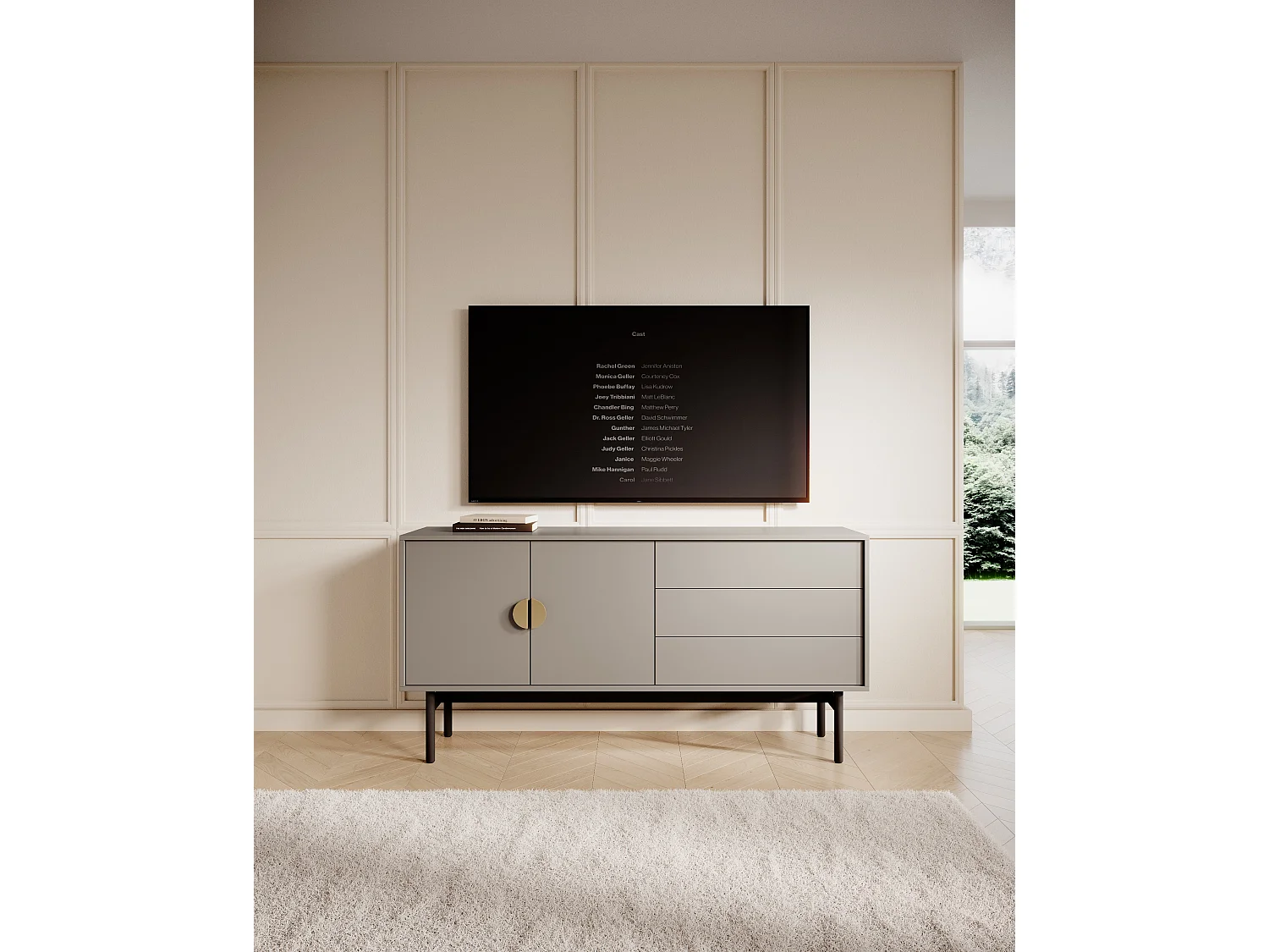 Meuble TV à deux portes - 154 cm - avec trois tiroirs - gris pierre - STOON