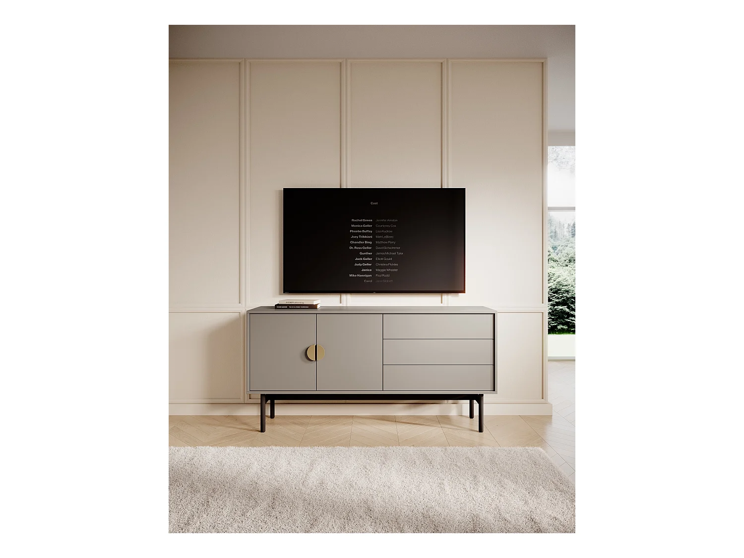 Meuble TV à deux portes - 154 cm - avec trois tiroirs - gris pierre - STOON