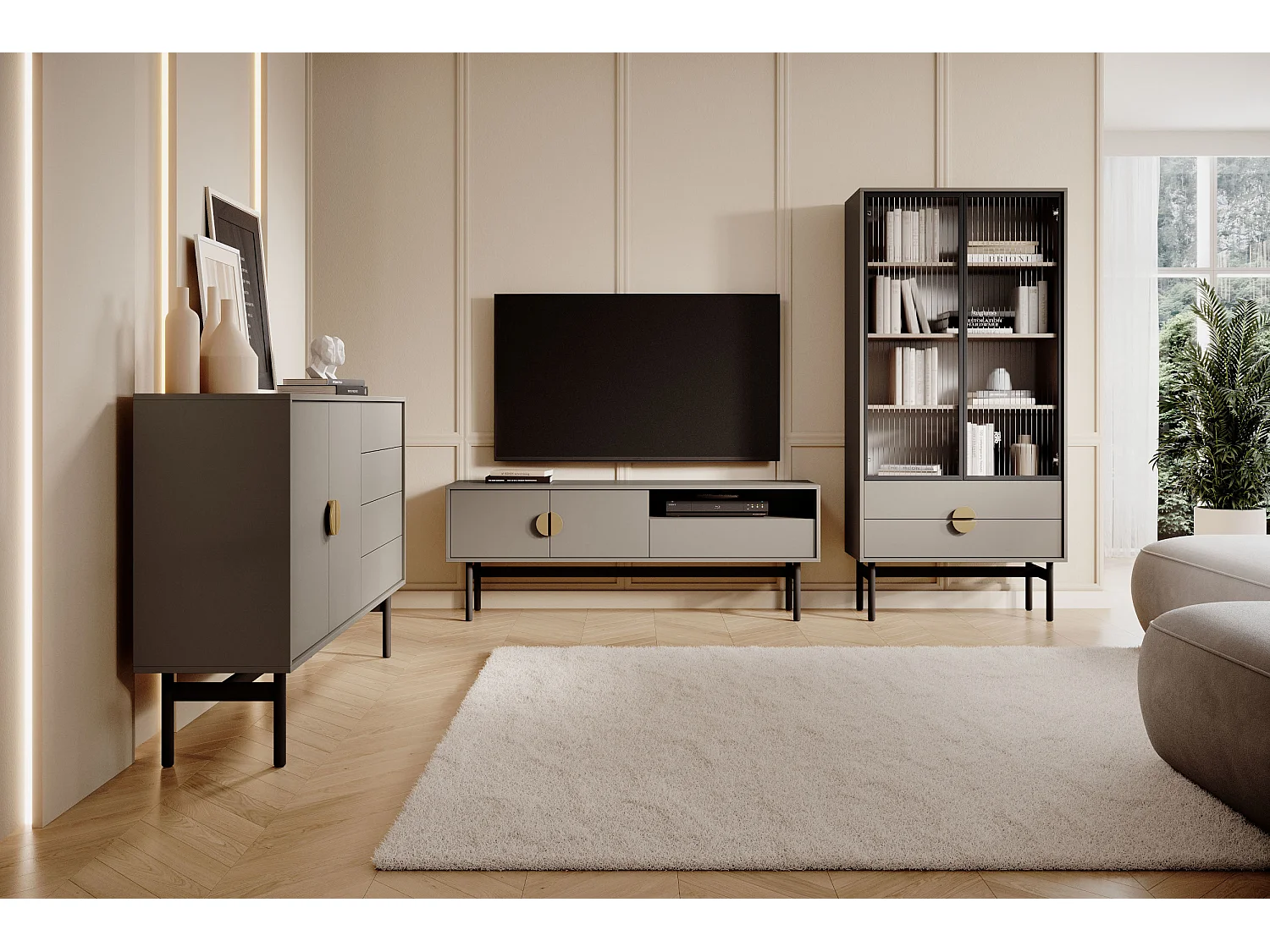 Meuble TV avec tiroir et niche - 154 cm - gris pierre - STOON