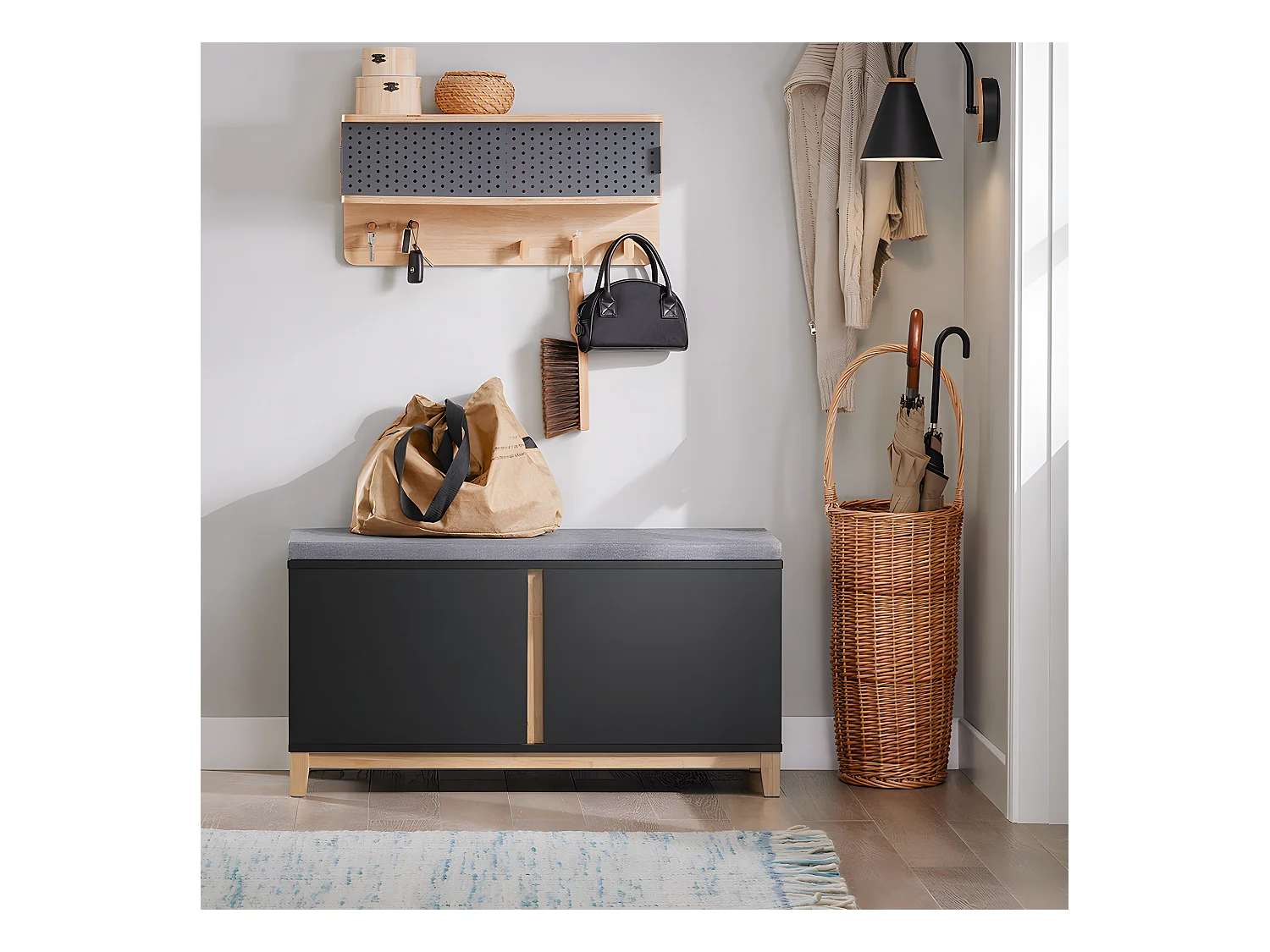 SoBuy Schoenenbank Opbergbank Ingang Schoenenkast met gevoerde zitting en 2 deuren, voor gang, entree, slaapkamer – 90 x 34 x 47 cm, FSR117-SCH