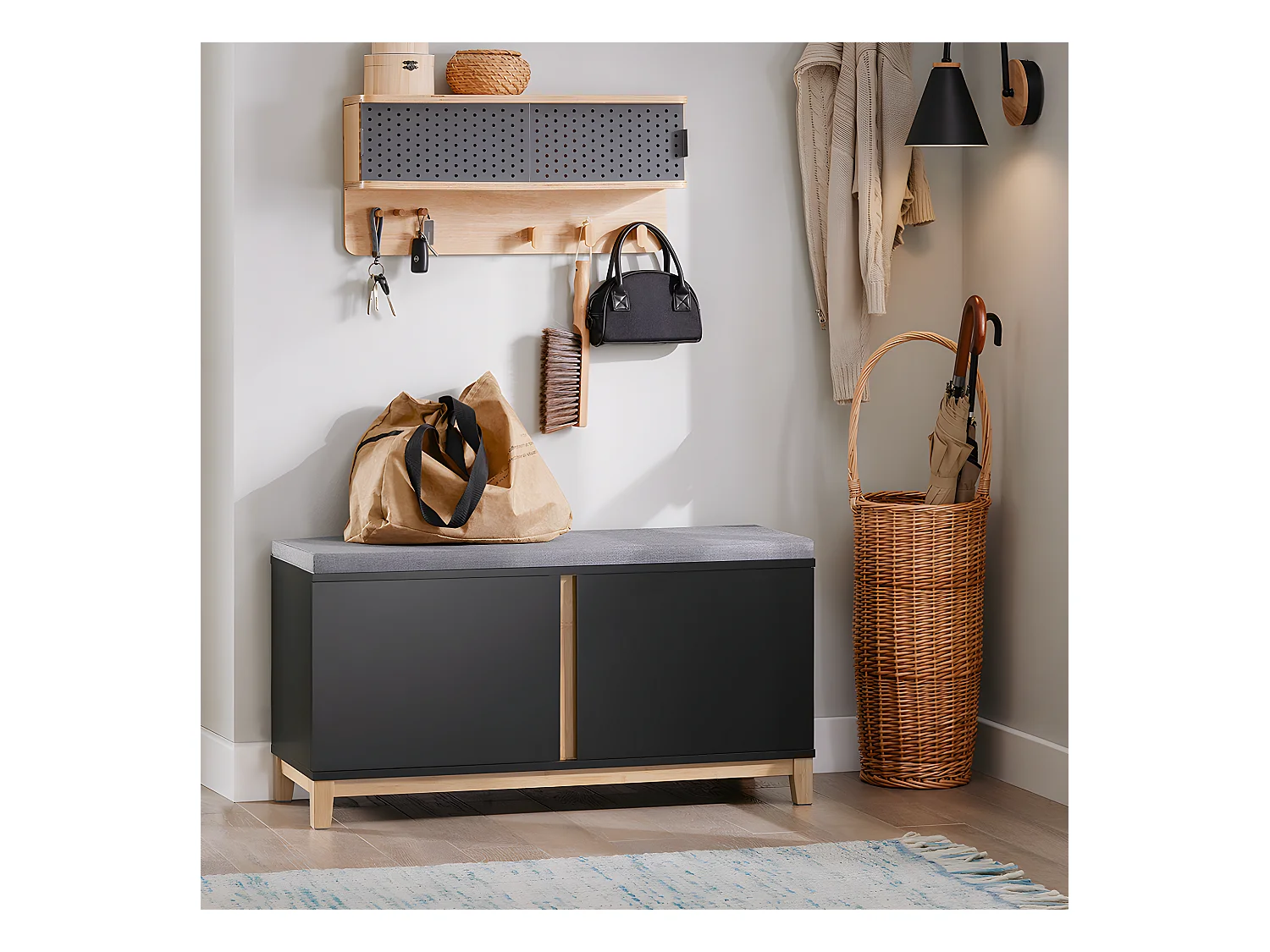 SoBuy Schoenenbank Opbergbank Ingang Schoenenkast met gevoerde zitting en 2 deuren, voor gang, entree, slaapkamer – 90 x 34 x 47 cm, FSR117-SCH