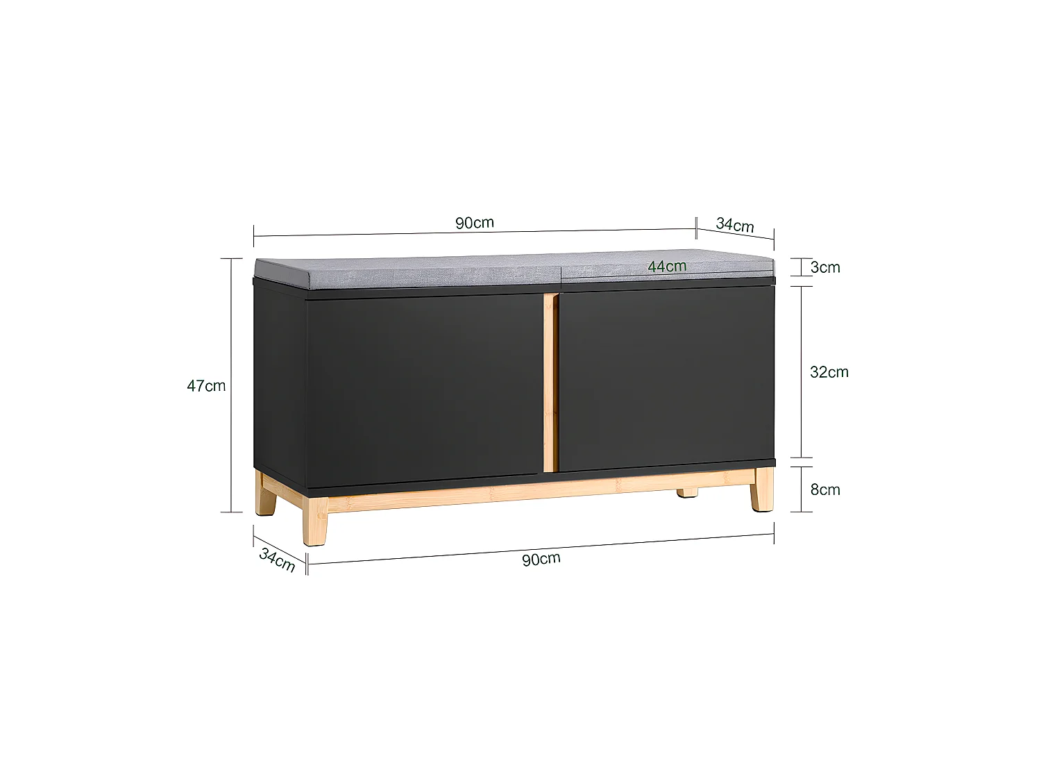 SoBuy Schoenenbank Opbergbank Ingang Schoenenkast met gevoerde zitting en 2 deuren, voor gang, entree, slaapkamer – 90 x 34 x 47 cm, FSR117-SCH