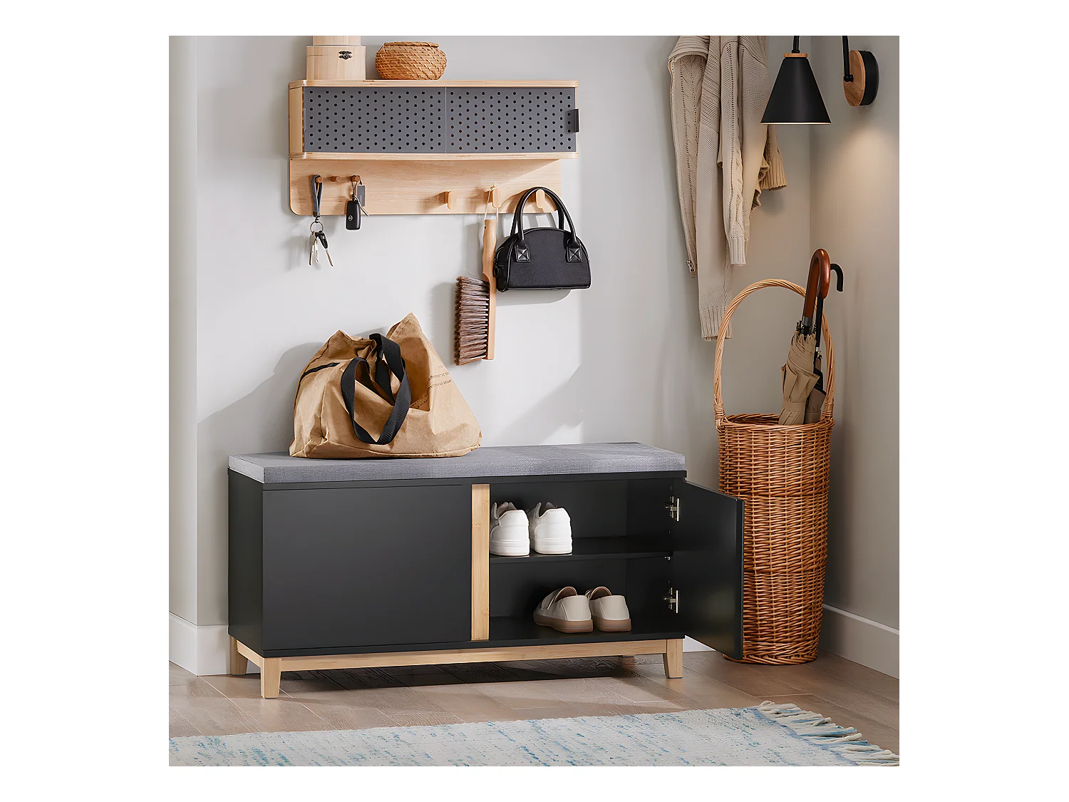 SoBuy Schoenenbank Opbergbank Ingang Schoenenkast met gevoerde zitting en 2 deuren, voor gang, entree, slaapkamer – 90 x 34 x 47 cm, FSR117-SCH