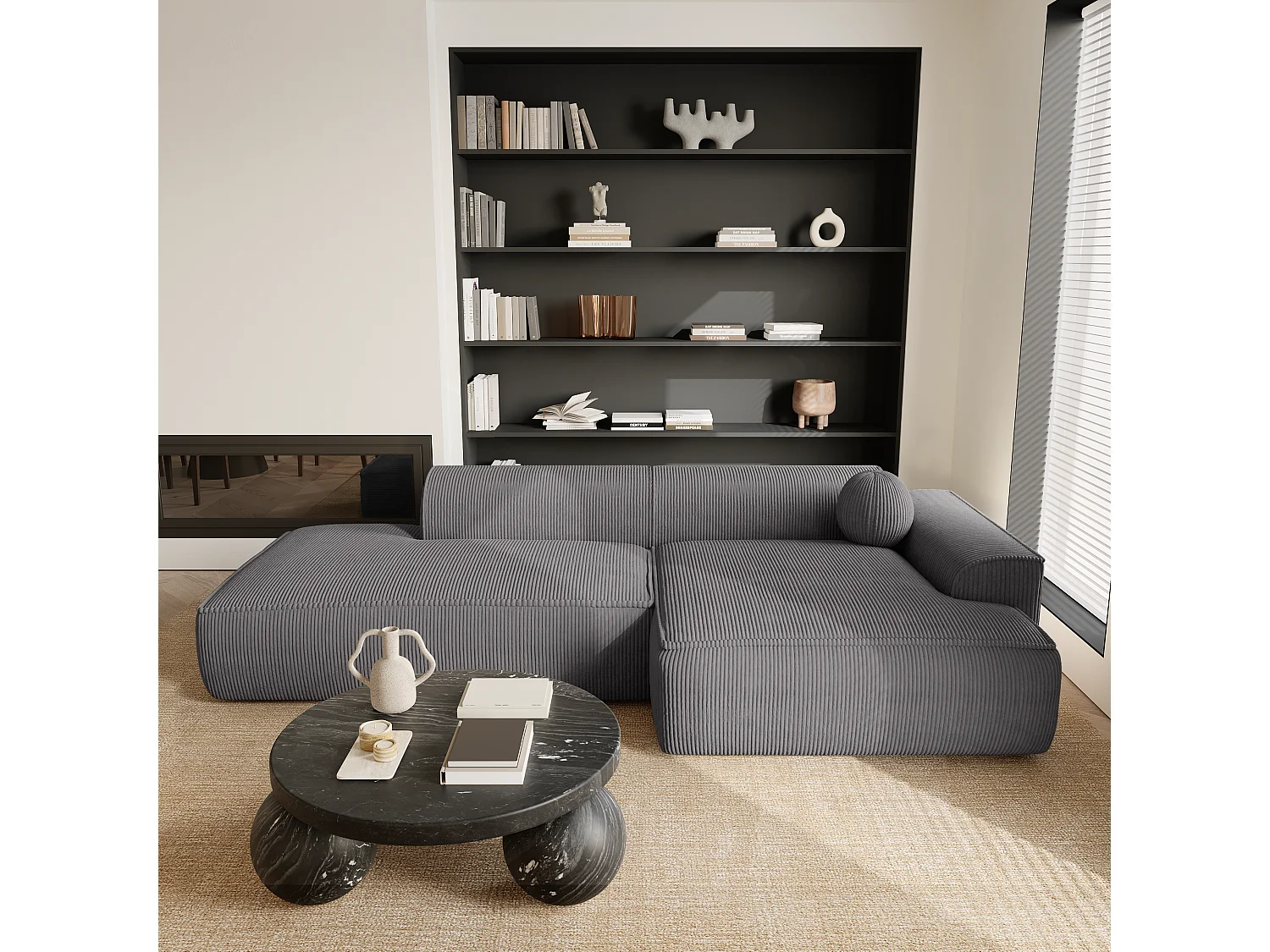 Canapé angle droit velours côtelé gris anthracite 300cm ANIA