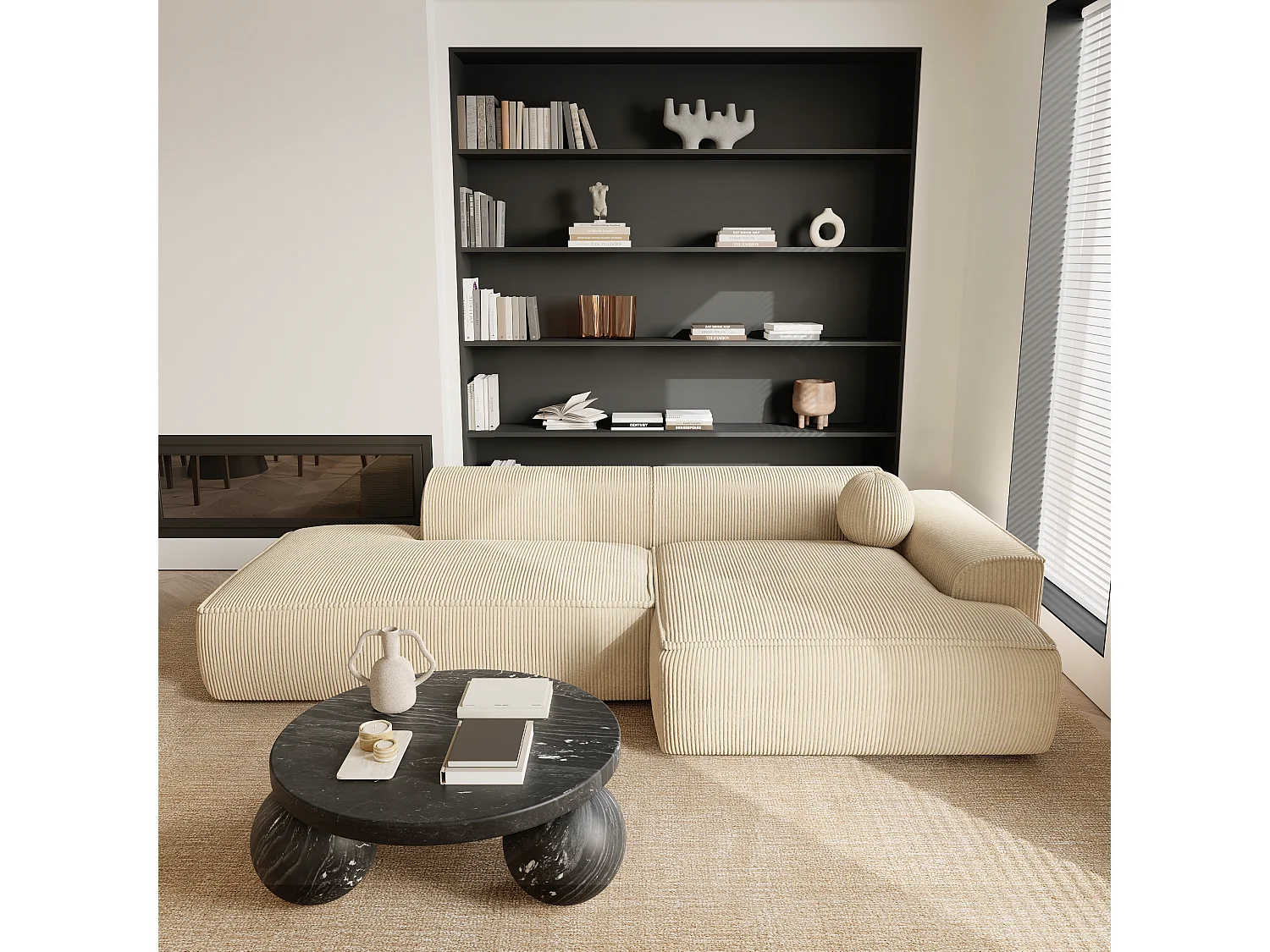 Canapé angle droit velours côtelé crème 300cm ANIA