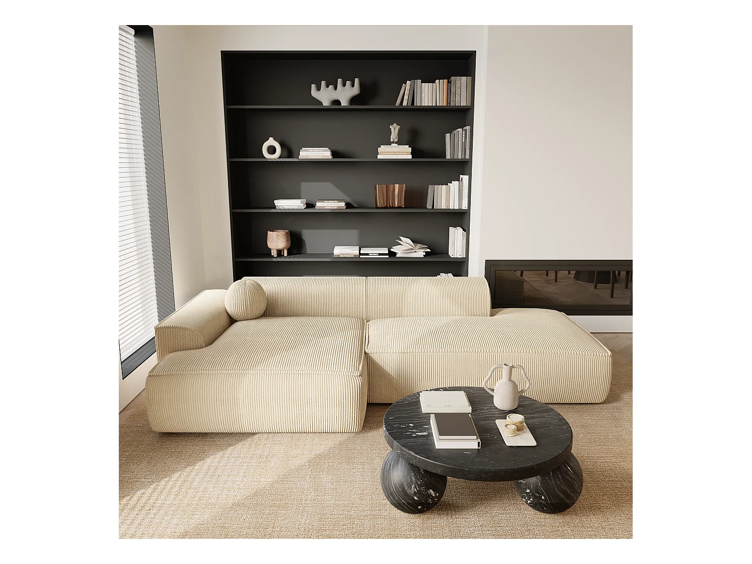 Canapé angle gauche velours côtelé crème 300cm