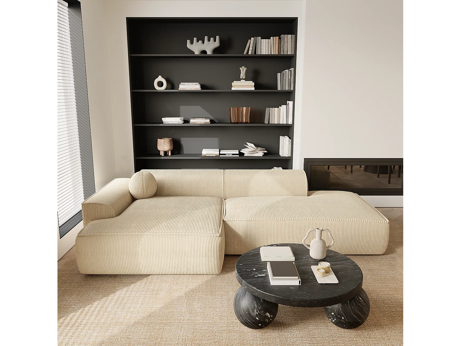 Canapé angle gauche velours côtelé crème 300cm