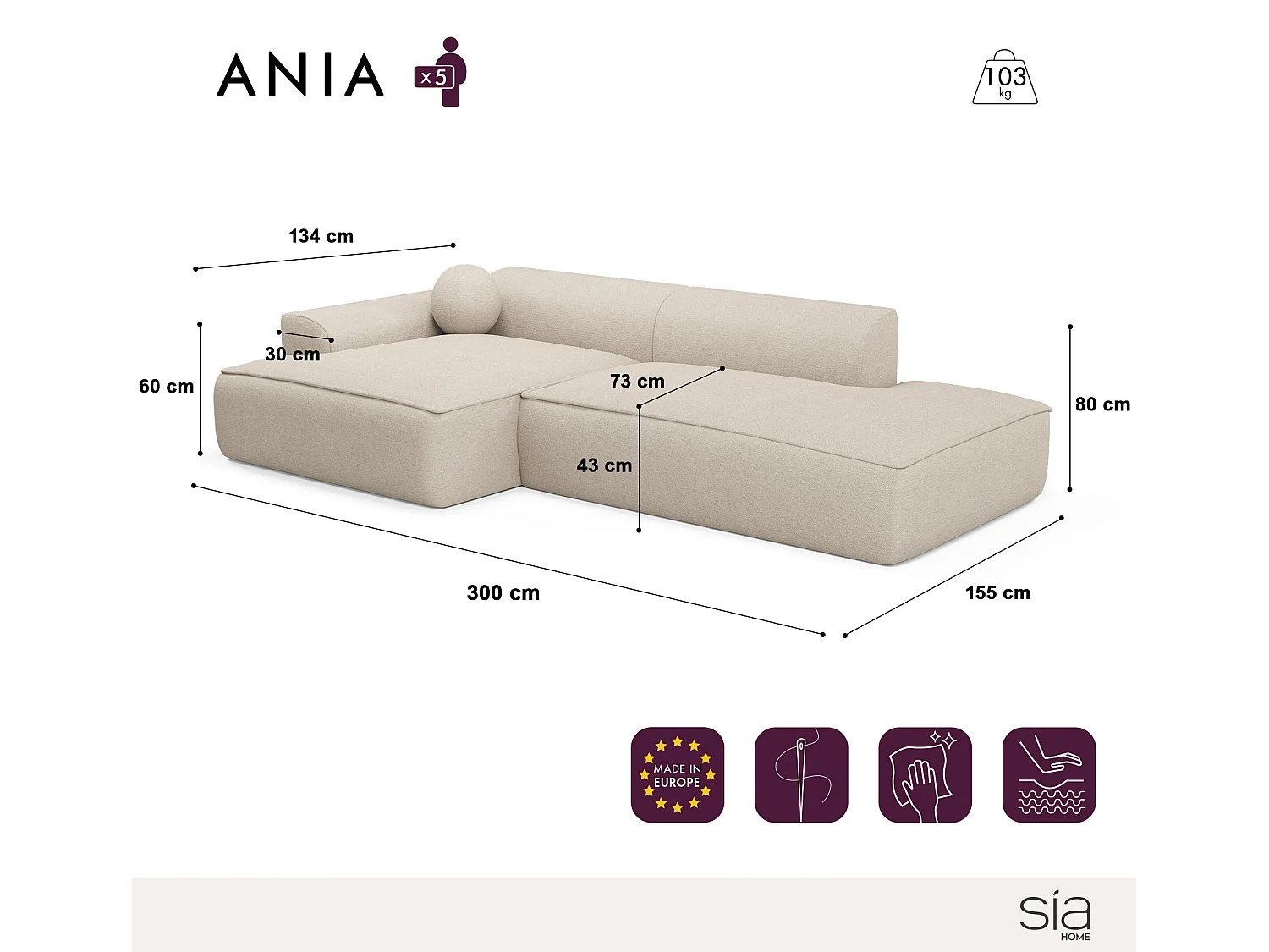 Canapé angle gauche velours côtelé taupe 300cm ANIA