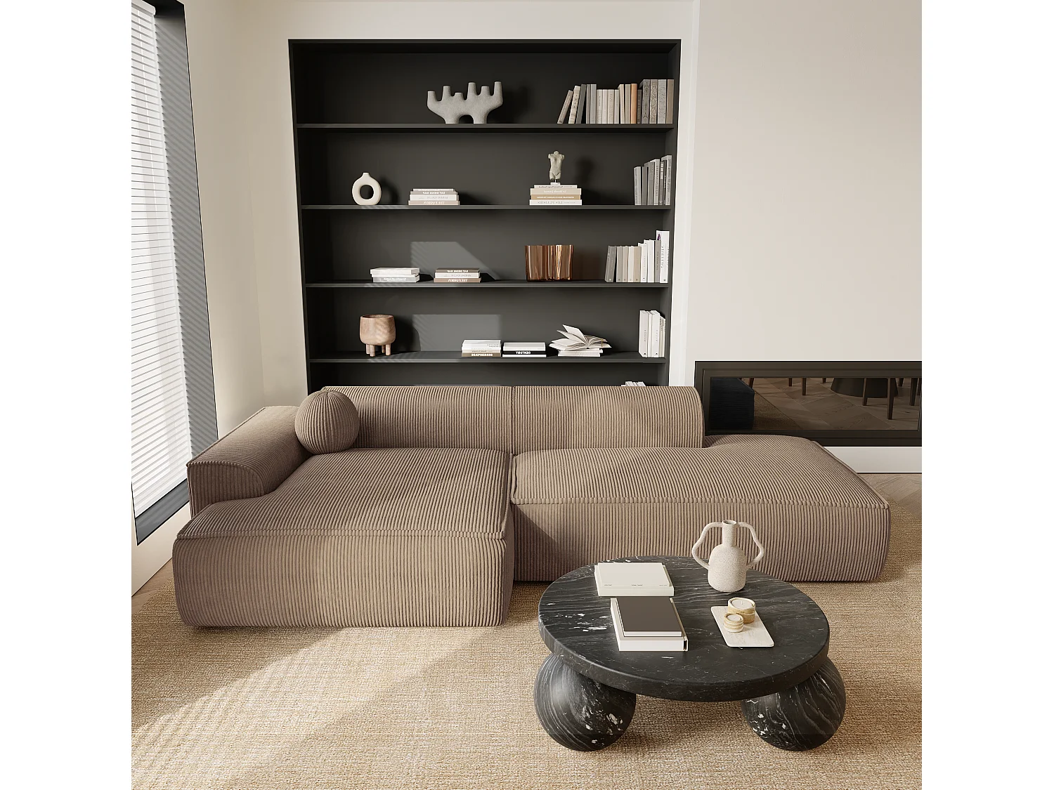 Canapé angle gauche velours côtelé taupe 300cm ANIA