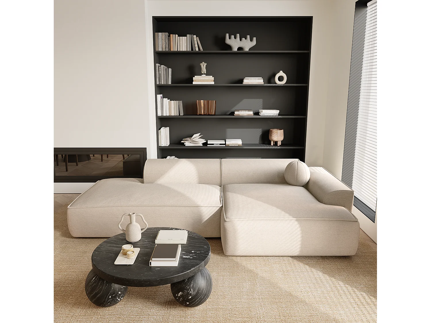 Canapé angle droit tissu tramé crème 300cm