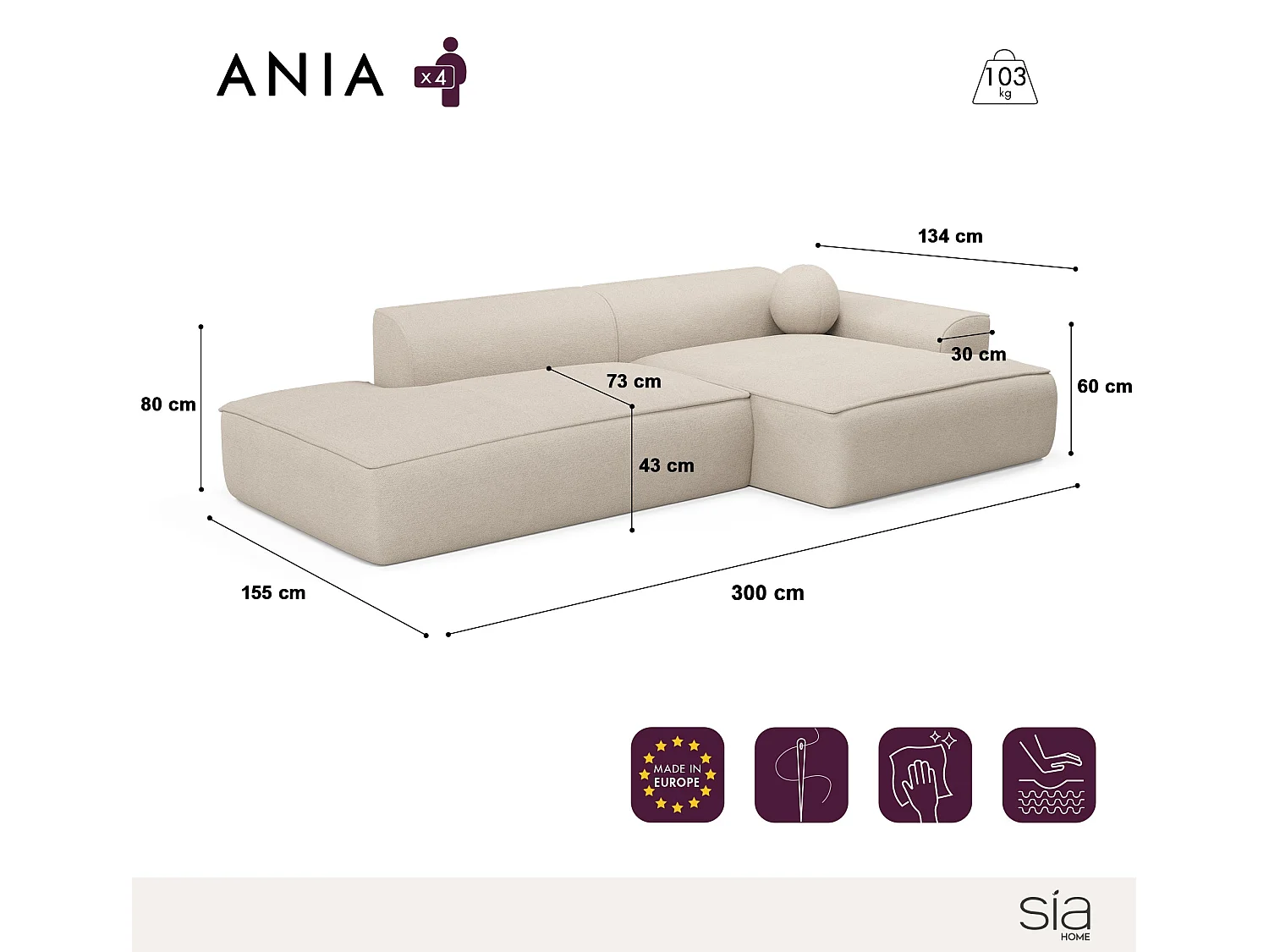 Canapé d'angle droit 4 places en coton crème