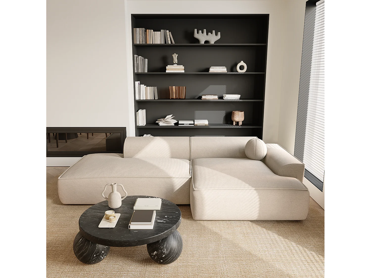 Canapé angle droit tissu tramé crème 300cm