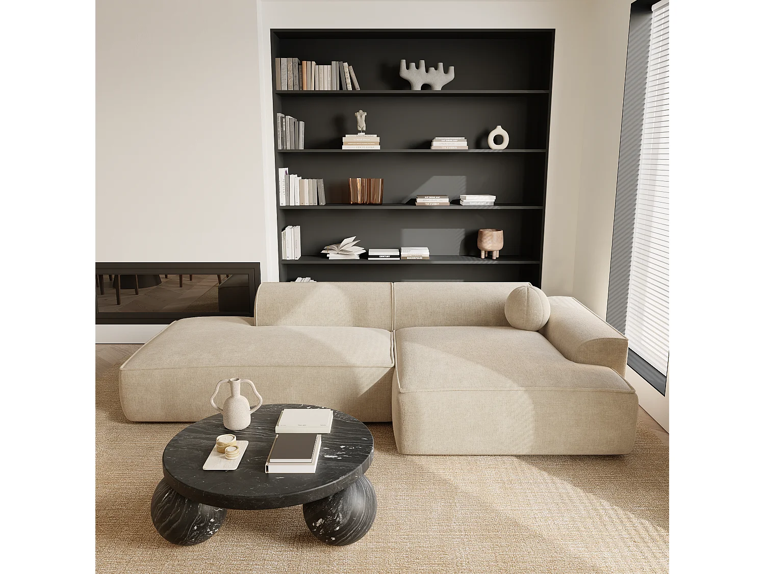 Canapé angle droit velours crème 300cm ANIA