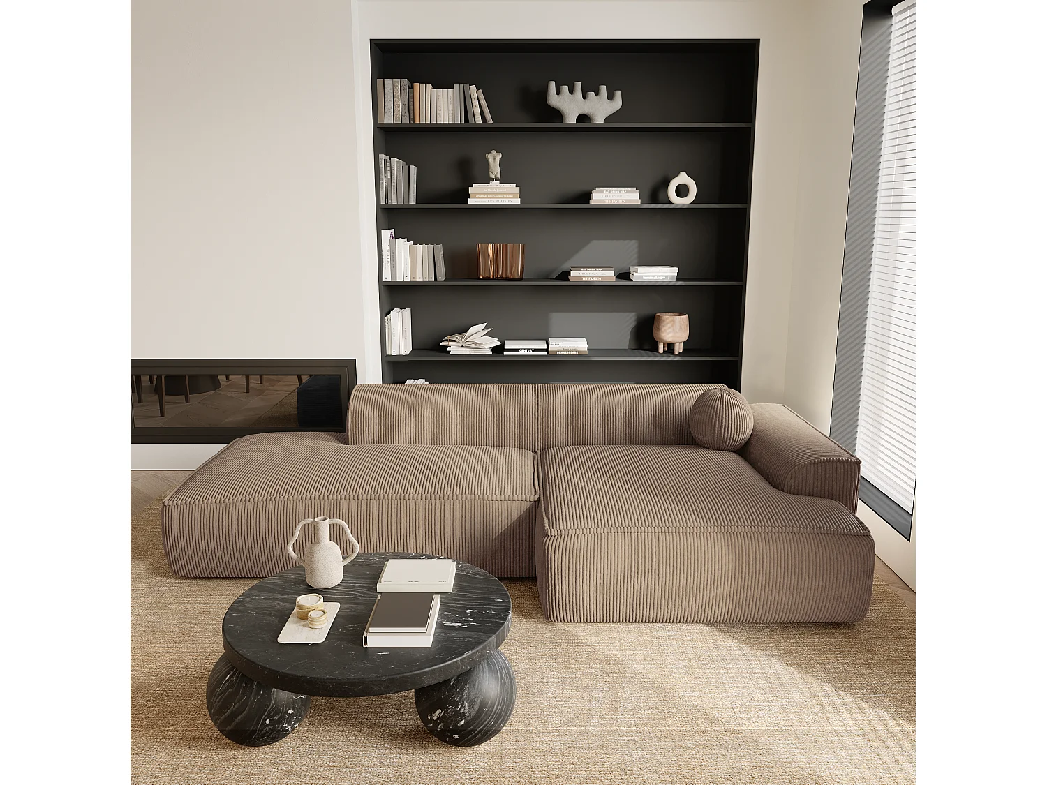 Canapé angle droit velours côtelé taupe 300cm ANIA