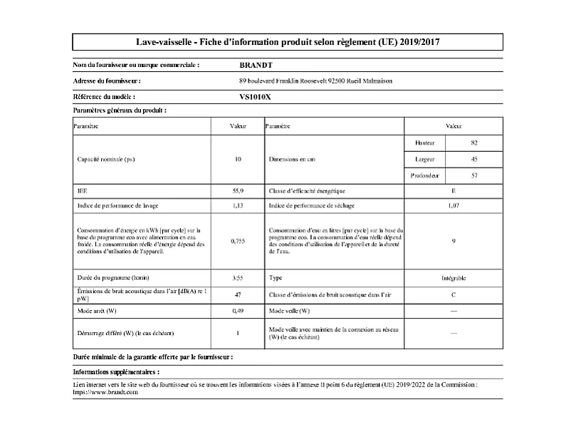 Lave-vaisselle encastrable BRANDT 10 Couverts 45cm E, VS 1010 X