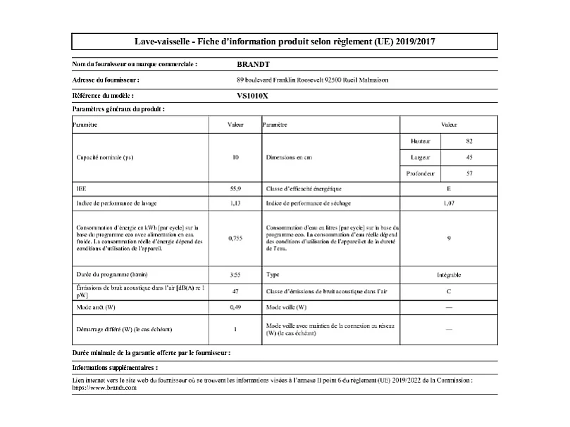 Lave-vaisselle encastrable BRANDT 10 Couverts 45cm E, VS 1010 X