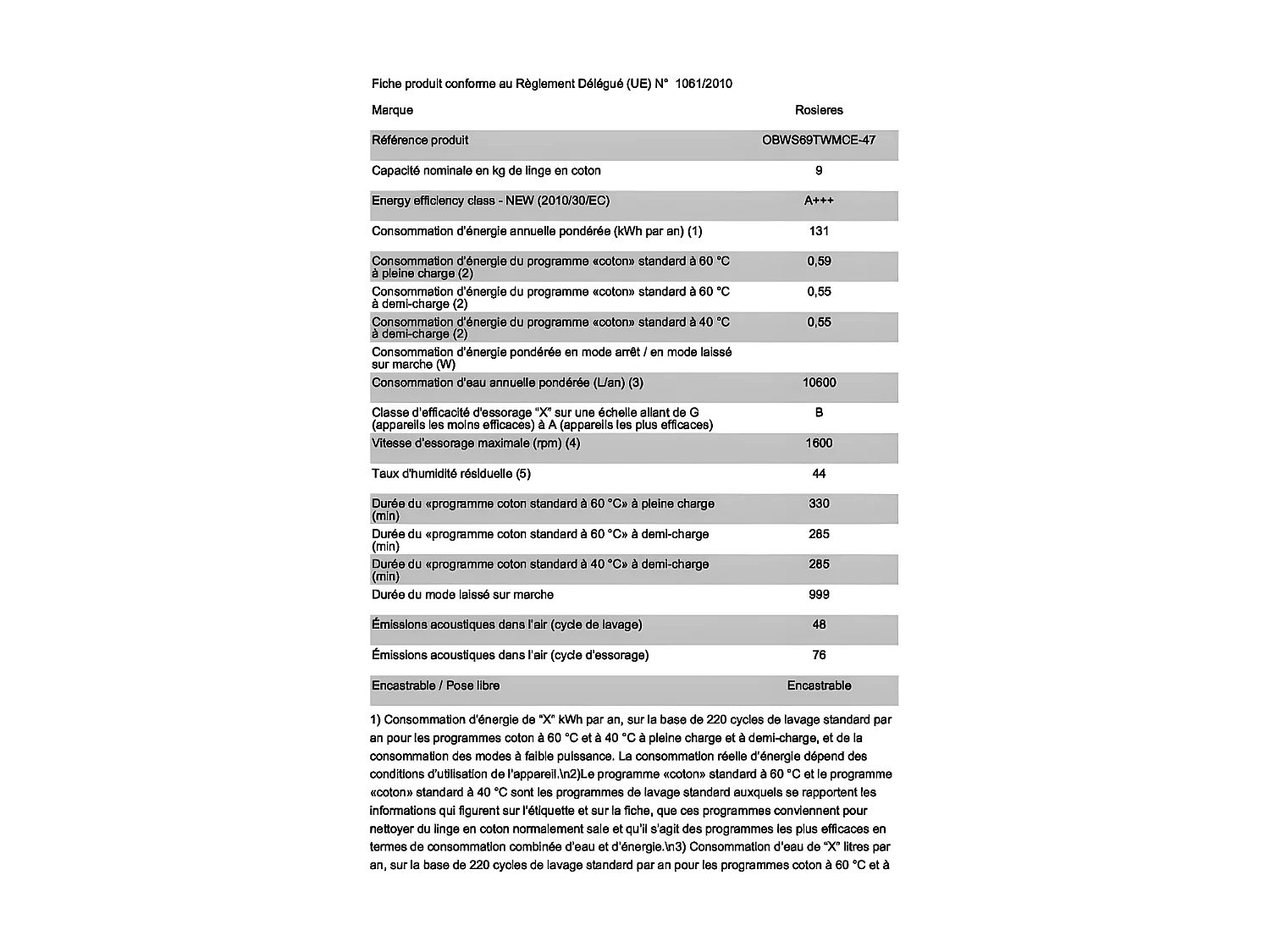 Rosieres Lave-linge intégrable 9kg 1600 tours/min - obws69twmce-47