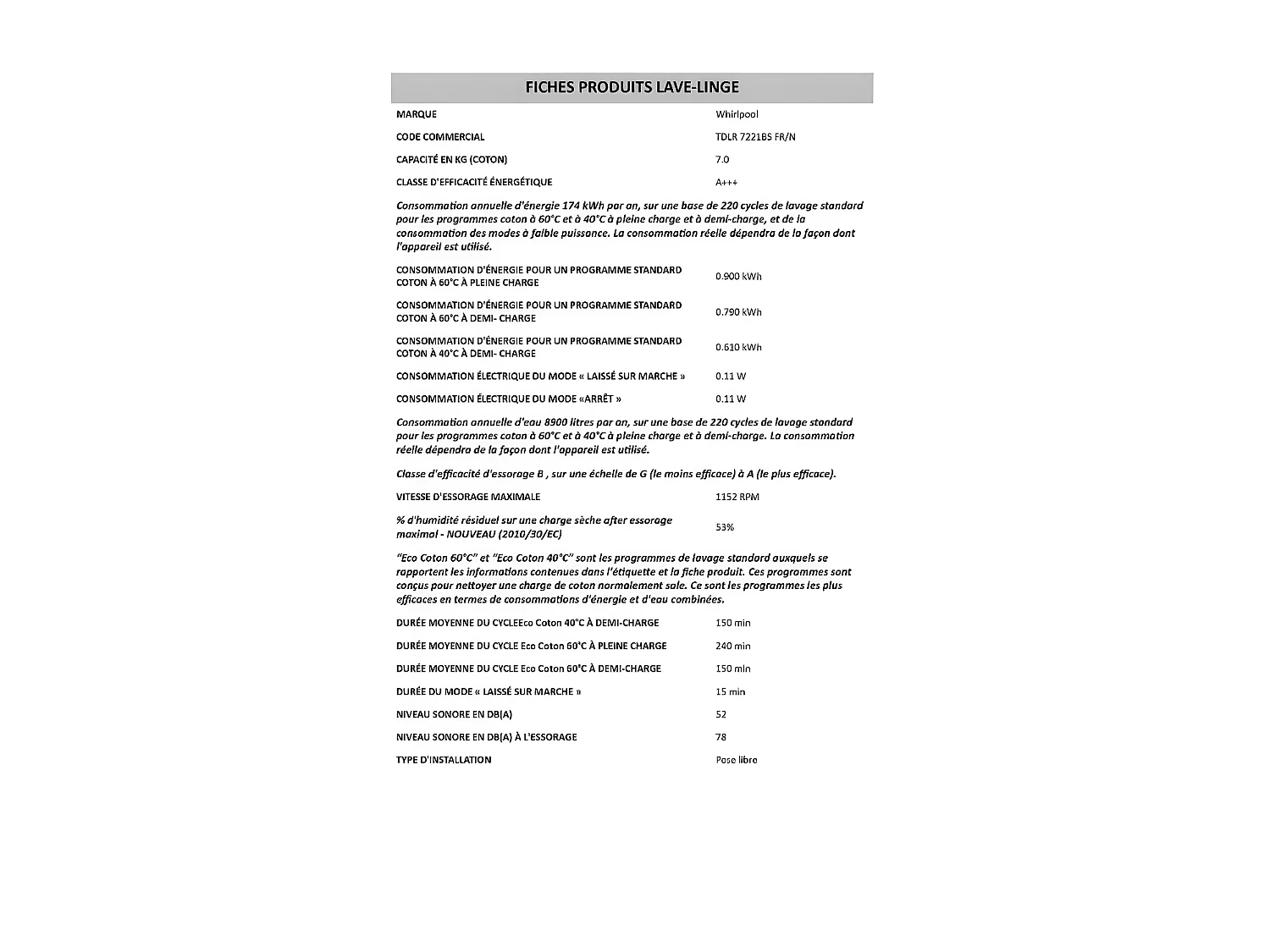 Lave-linge top 7kg 42L WHIRLPOOL 1200tr/min 40cm E, TDLR 7221 BSFRN