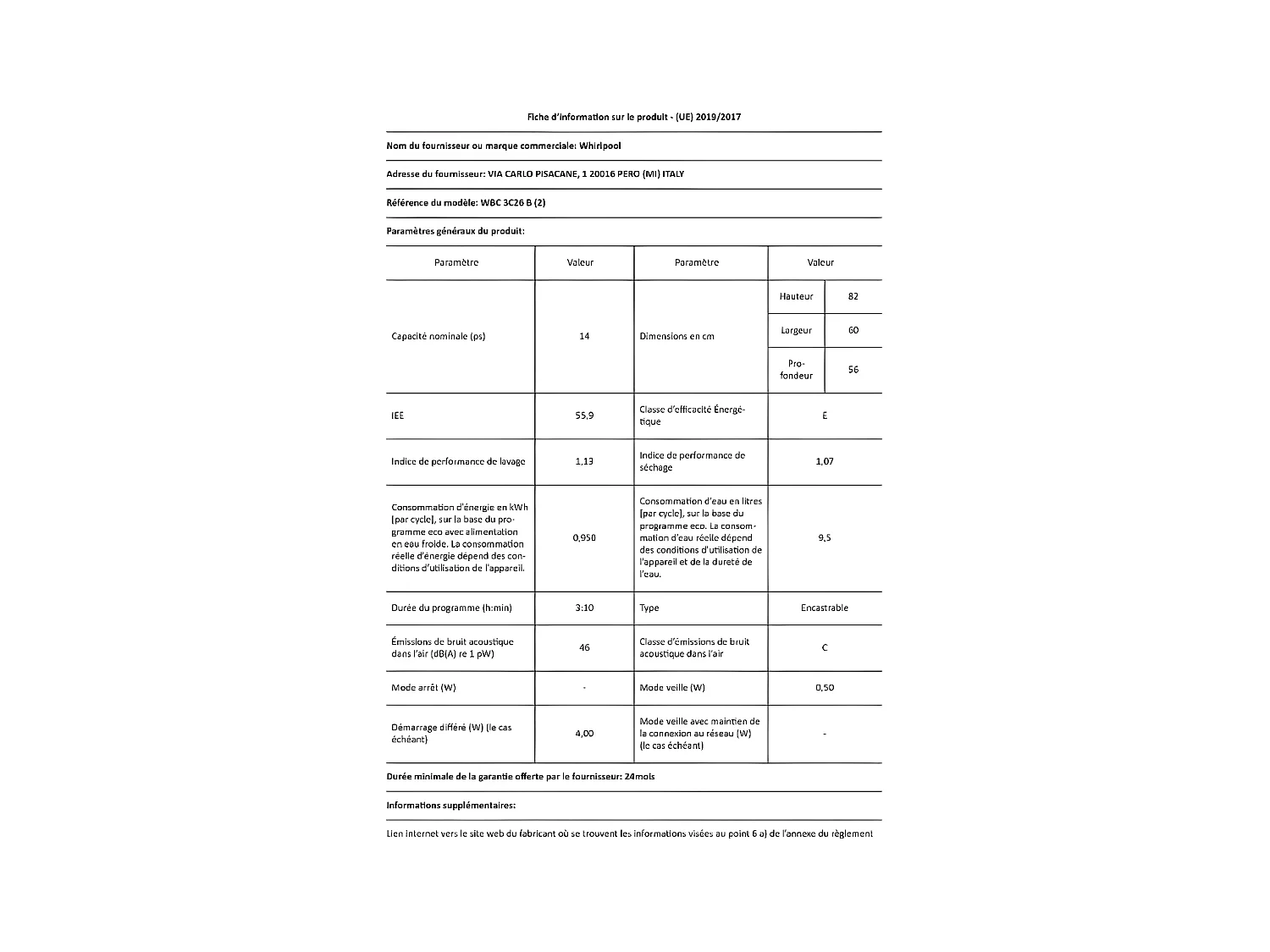 Whirlpool Lave-vaisselle 60cm 14 couverts 46bd intégrable avec bandeau - wbc3c26b