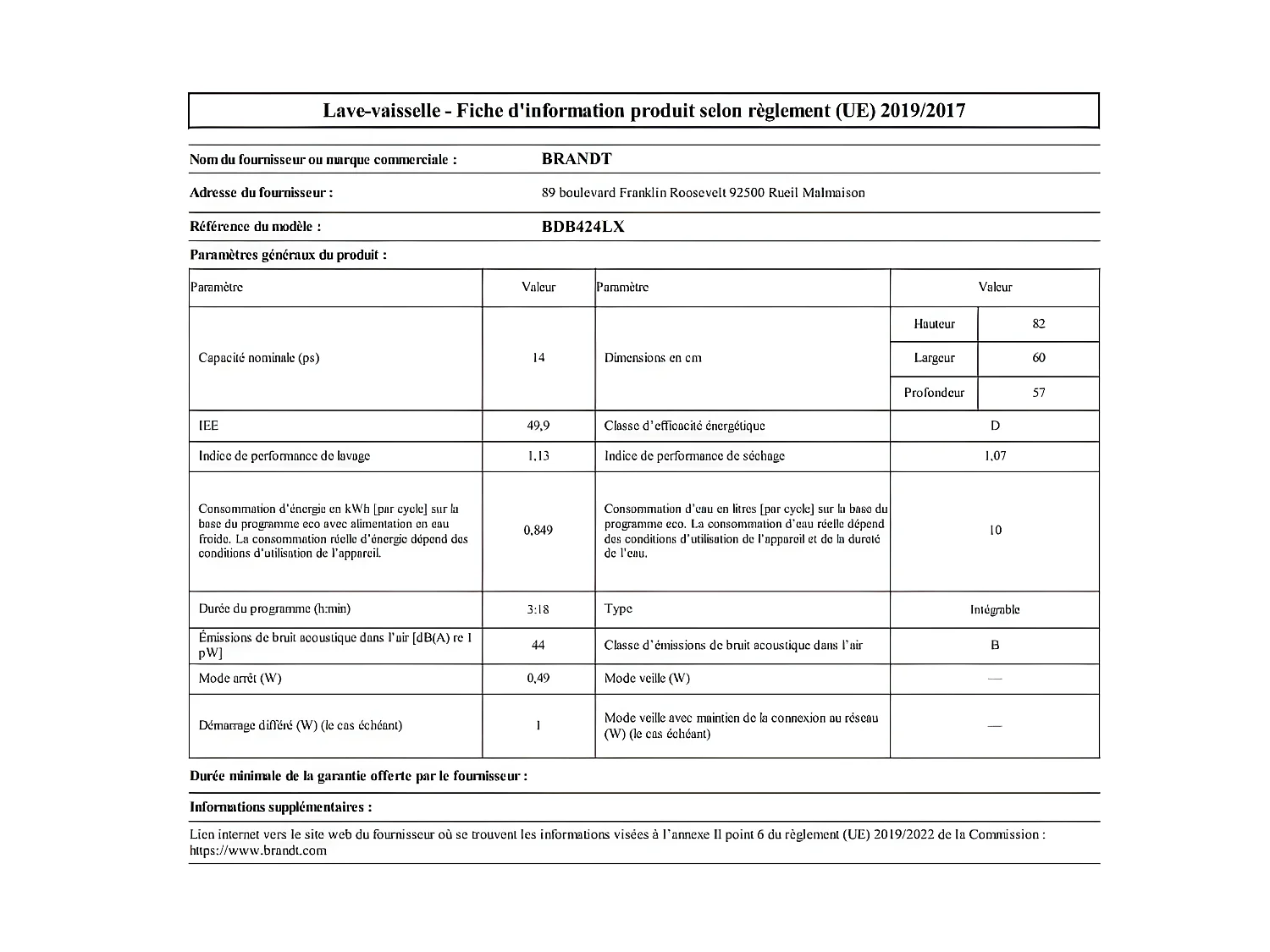 Lave-vaisselle encastrable BRANDT 14 Couverts 59.8cm D, BDB424LX