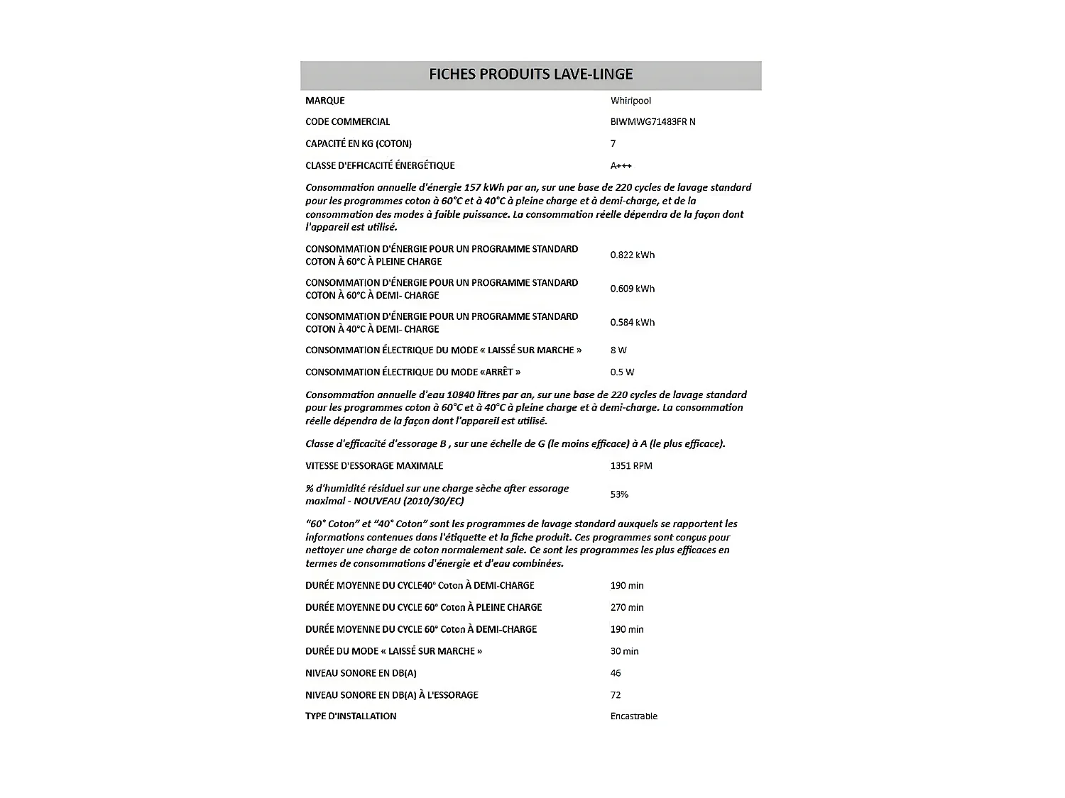 Lave-linge intégrables 7kg 52L WHIRLPOOL INTEGRABLE 1400tr/min 59.5cm D, BIWMWG71483FRN
