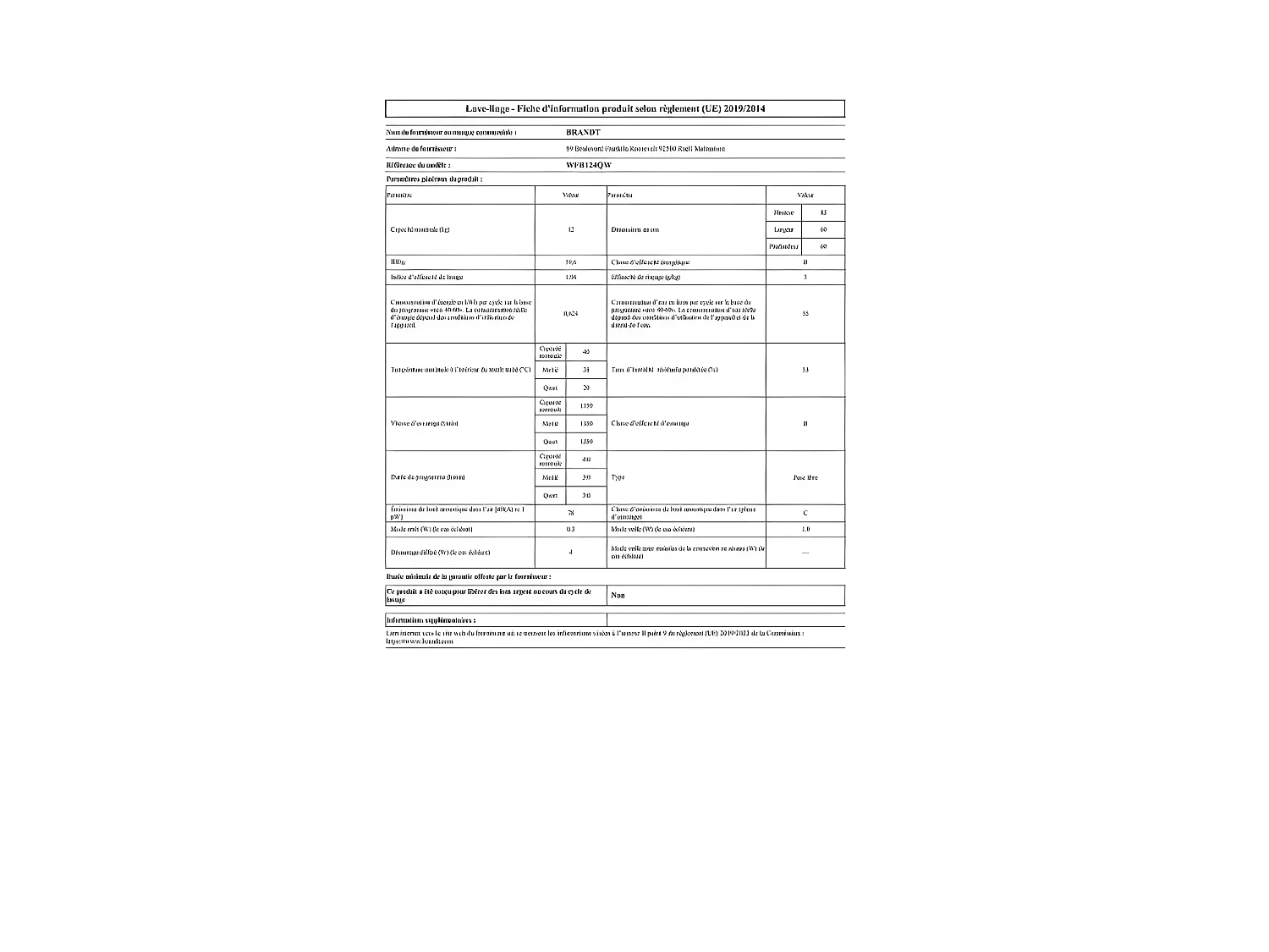 Lave-linge frontaux 12kg 76L BRANDT 1400tr/min 59.5cm B, WFB124QW