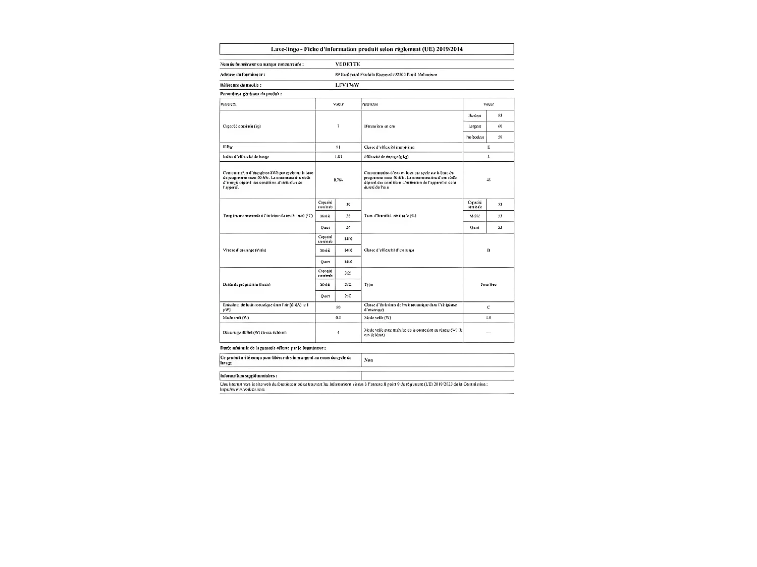 Lave-linge frontaux 7 kgkg 45.5 LL VEDETTE 1400 tours/mintr/min 59.5 cmcm E, LFV174W